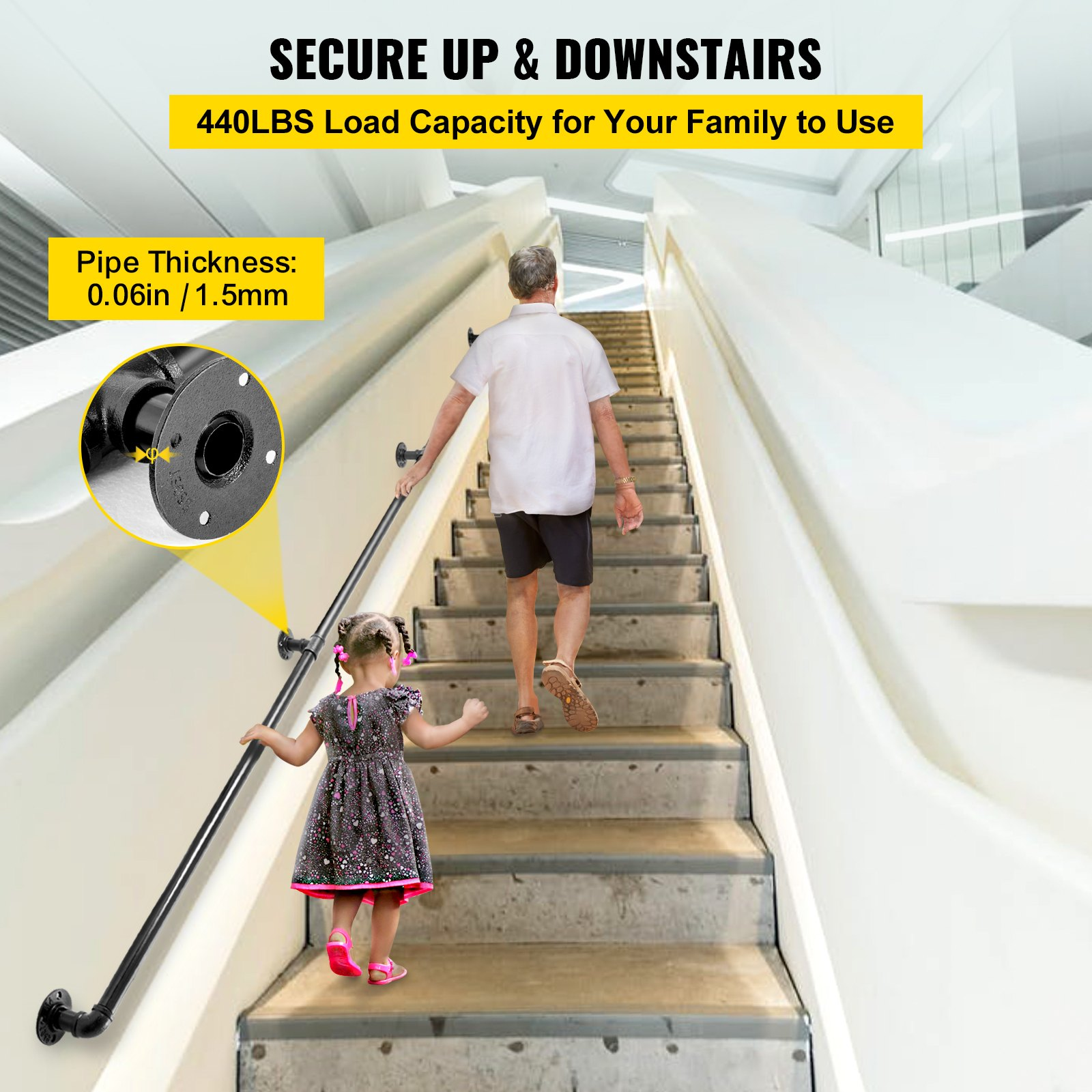 Start2Finish VEVOR 10FT industrial pipe stair handrail with wall mounts, round corners, carbon steel, indoor and outdoor use
