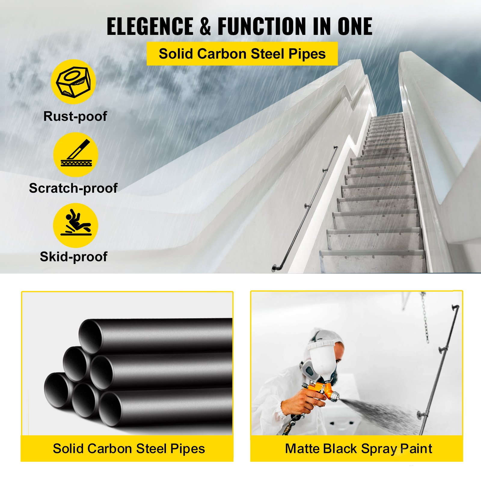 Start2Finish VEVOR 10FT carbon steel pipe staircase handrail with wall mounts, round corner design, suitable for indoor and outdoor use.