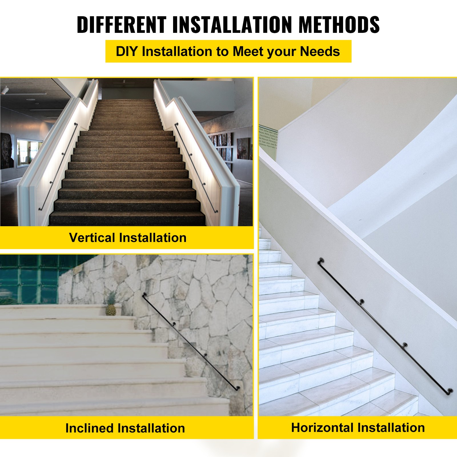 Start2Finish VEVOR 10FT industrial steel pipe staircase handrail with wall mounts, round corners, indoor and outdoor use, 440LBS load capacity.