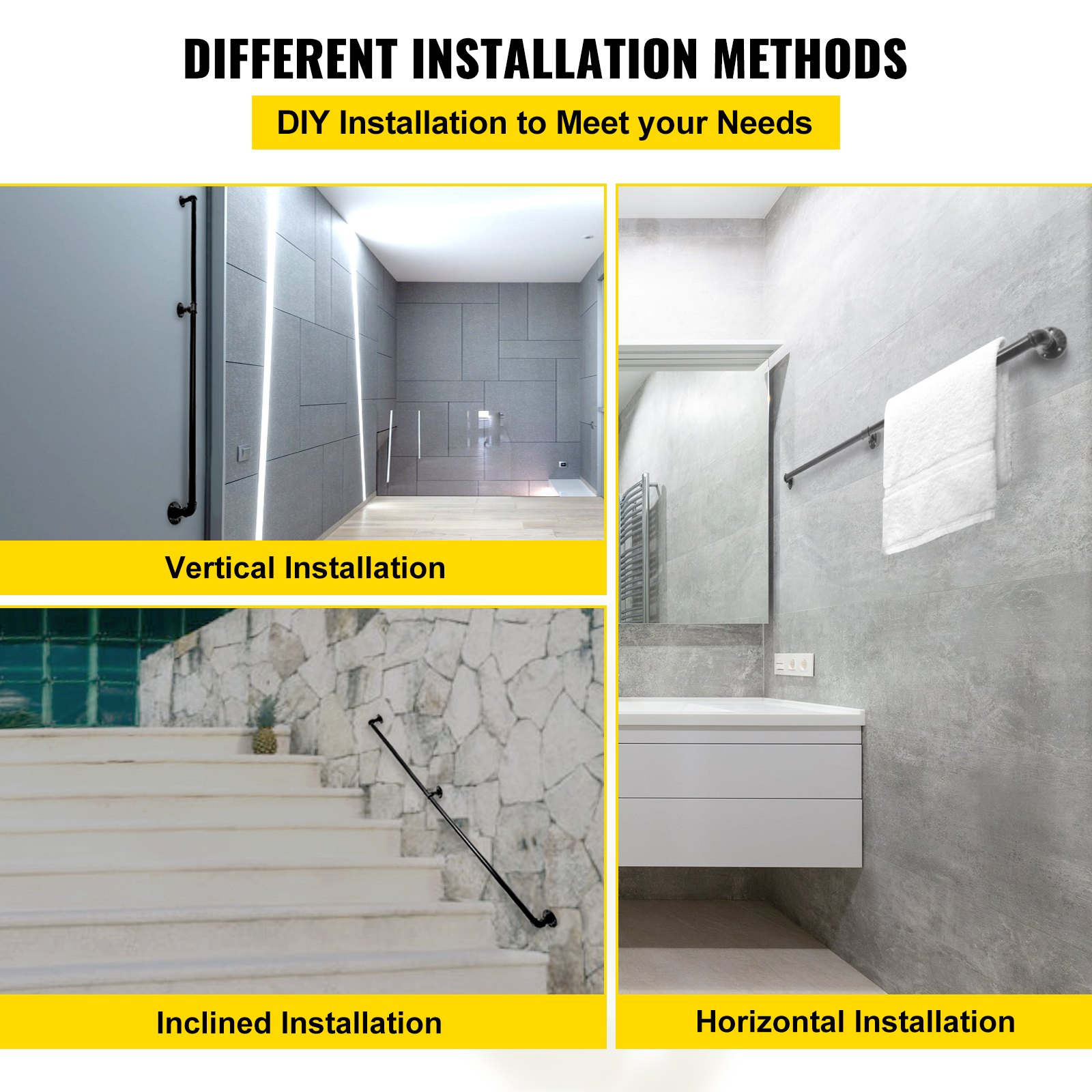 Start2Finish VEVOR 6FT industrial pipe staircase handrail in carbon steel with wall mount support, suitable for indoor and outdoor use.