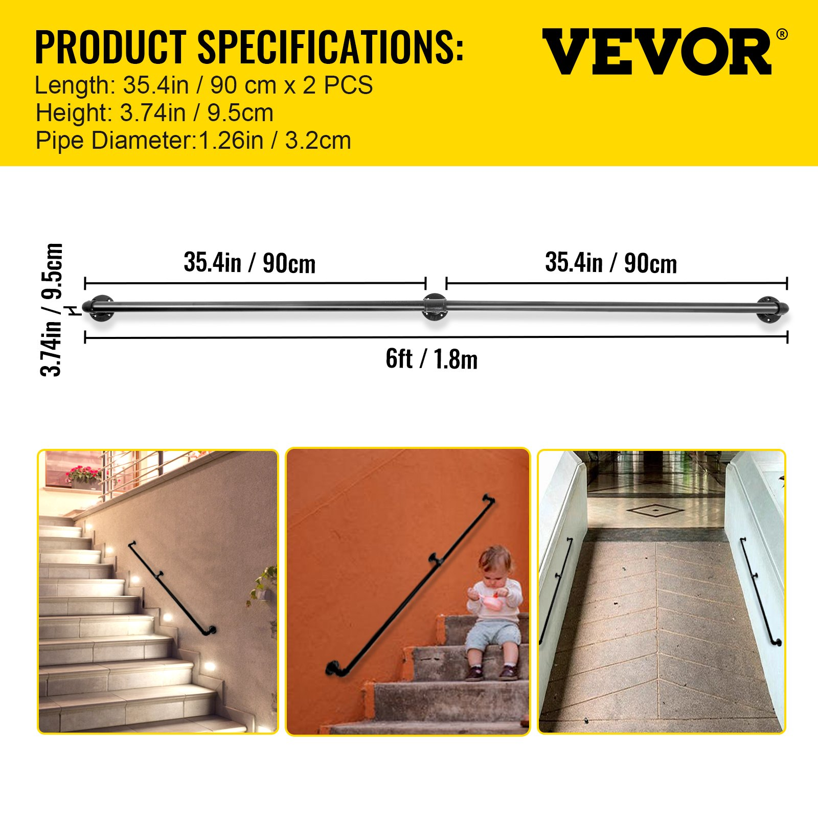 Start2Finish VEVOR 6FT steel pipe staircase handrail with wall mounts, round corners, suitable for indoor and outdoor use