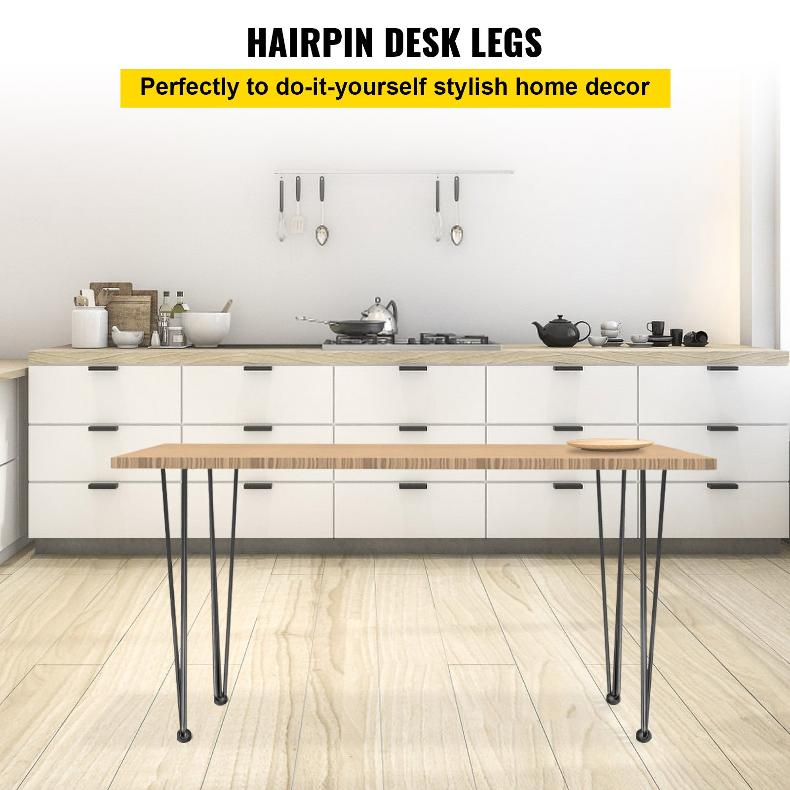Set of four black VEVOR hairpin table legs, 28 inches tall, heavy-duty DIY steel desk legs for tables, benches, and furniture.