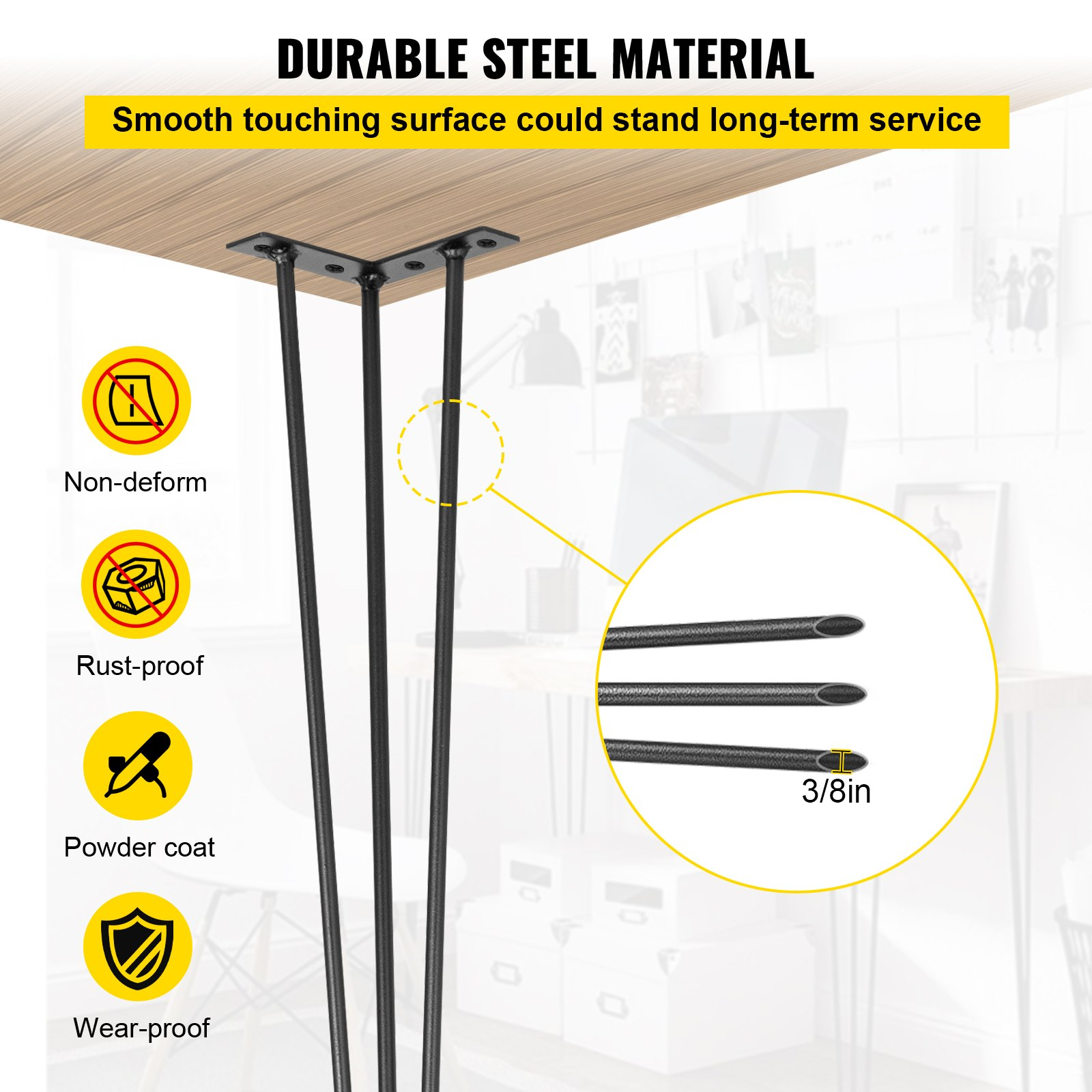 Set of four black VEVOR hairpin table legs, 28-inch heavy-duty steel desk legs with 220lbs load capacity each for DIY furniture.