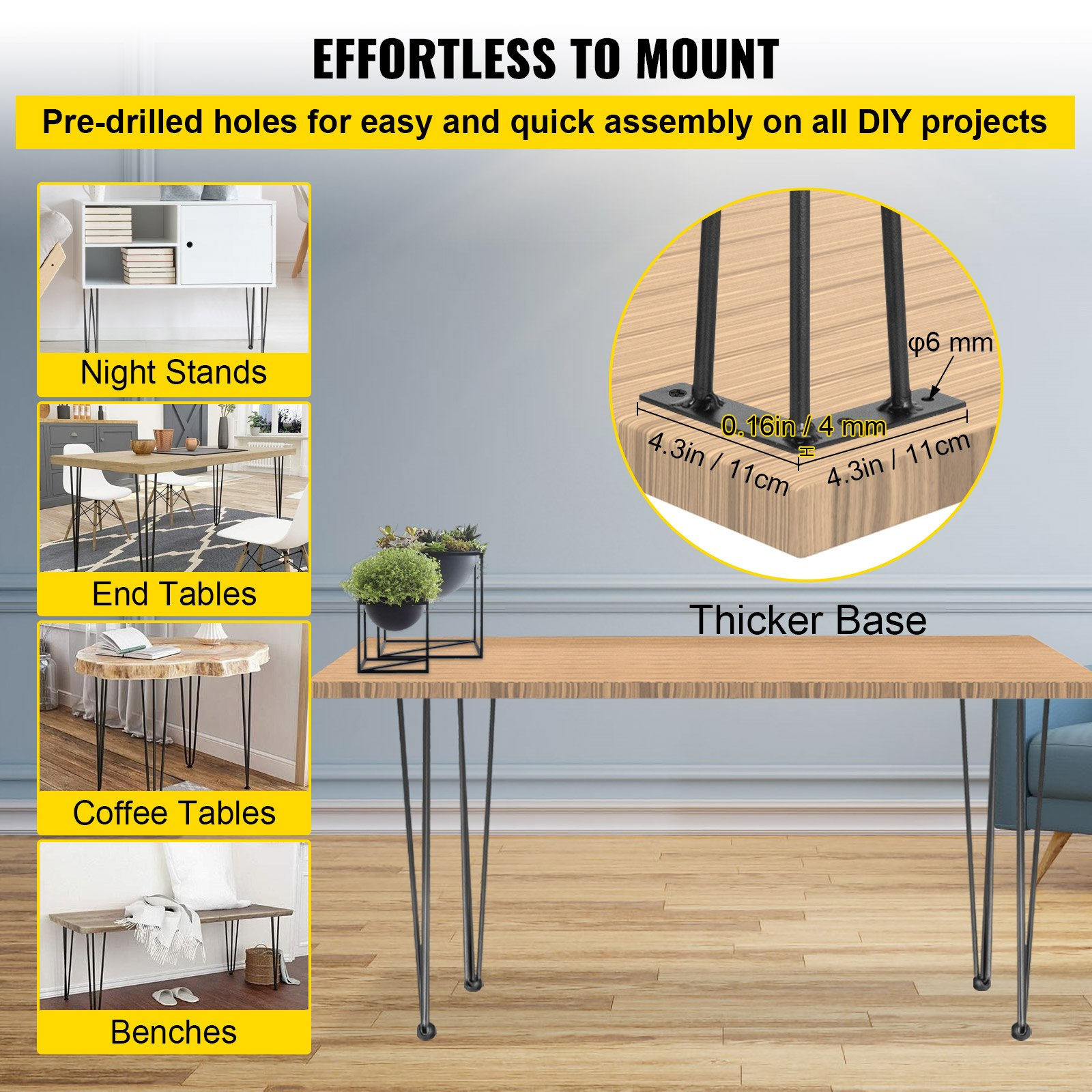 Set of four black VEVOR hairpin table legs, 28-inch heavy-duty steel desk legs with 220lbs capacity each, for DIY furniture projects.
