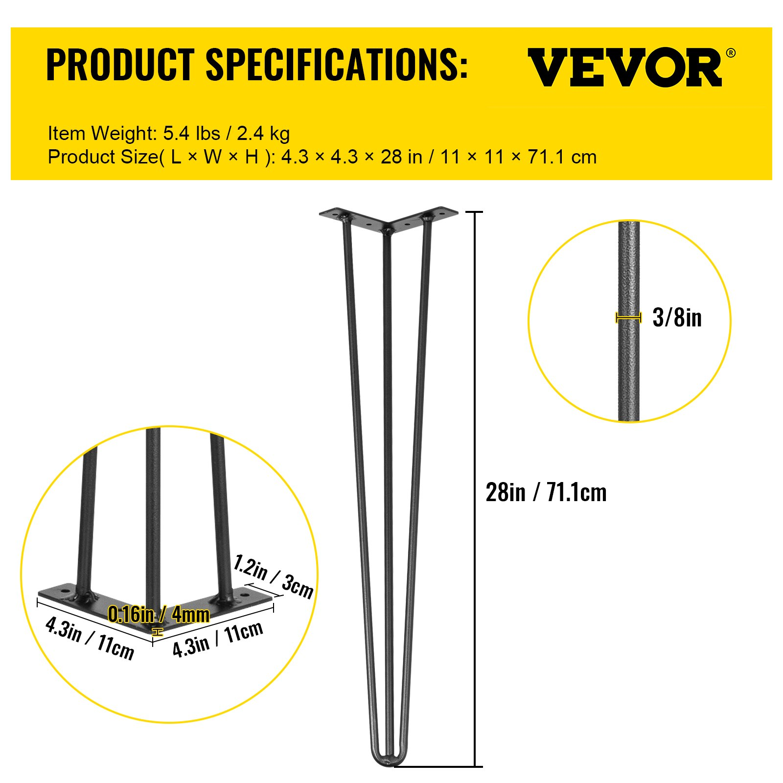 Set of four black VEVOR hairpin table legs, 28 inches tall, made of carbon steel for DIY heavy-duty furniture like desks and tables.