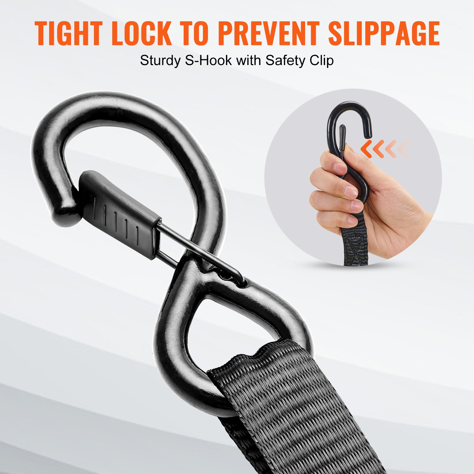 Four VEVOR ratchet tie down straps with padded handles, 1-inch by 15-foot, for securing cargo and moving equipment.