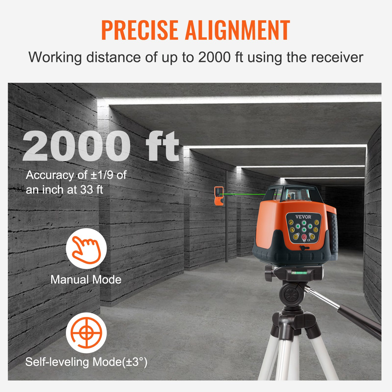 Start2Finish VEVOR Laser Level with green cross line, 2000ft range, self-leveling, remote control, waterproof, adjustable angles, battery included.