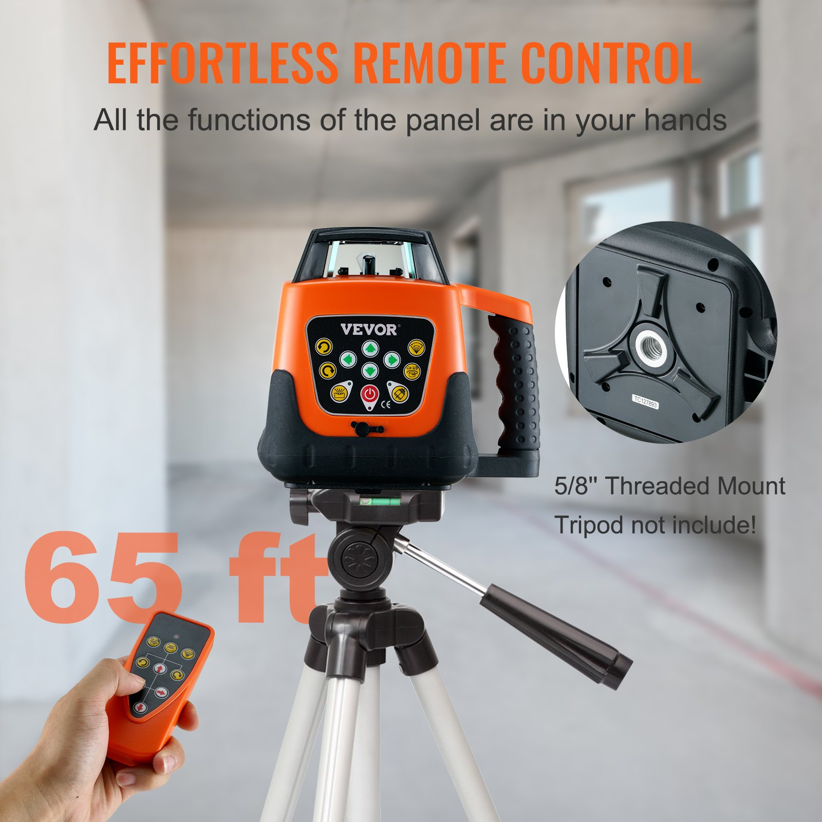 Start2Finish VEVOR laser level with green cross line, 2000ft range, self-leveling, remote control, waterproof, and adjustable rotation speeds.