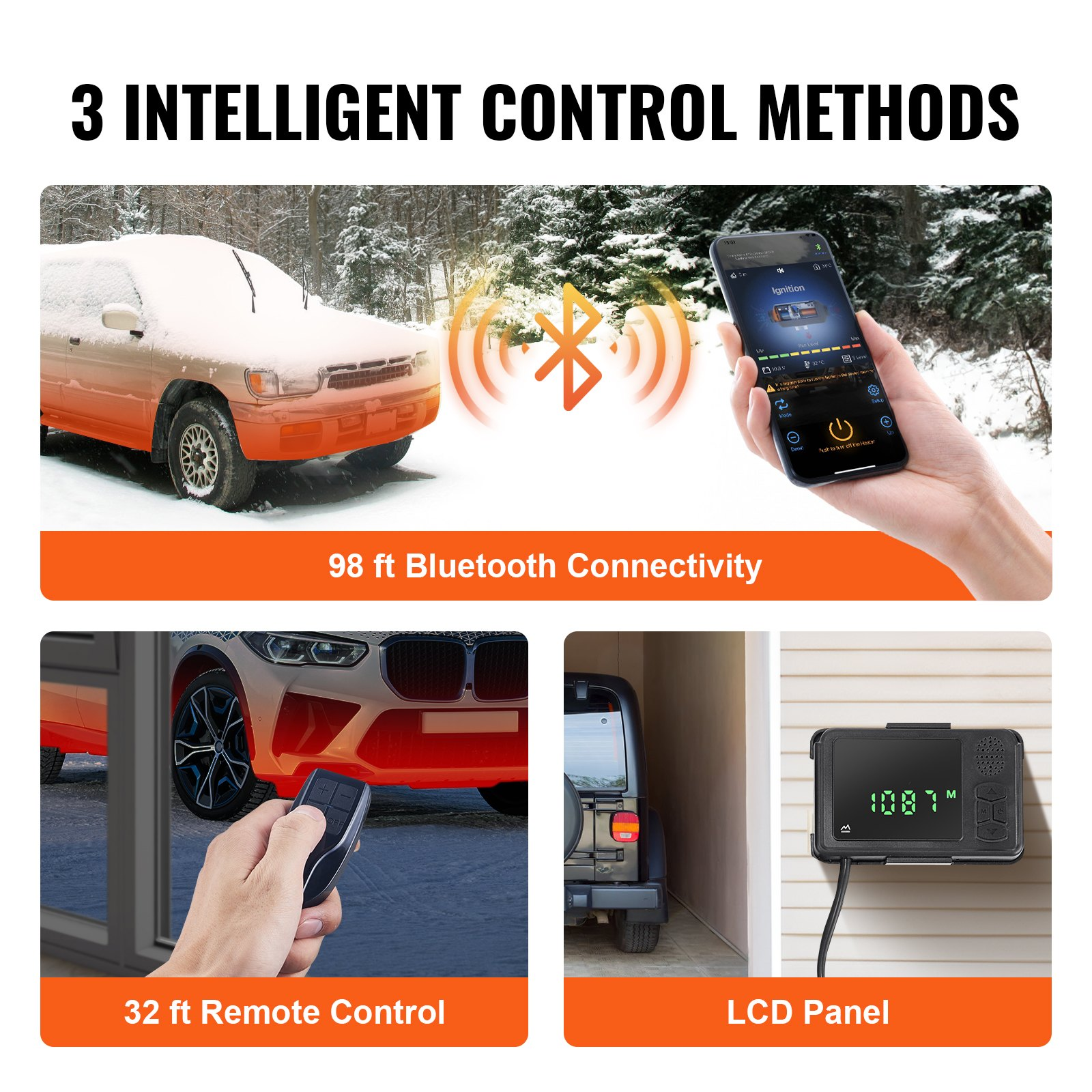 Start2Finish VEVOR Bluetooth diesel air heater with LCD display, remote control, 12V 8KW heating for RV, camper, trailer, and boat