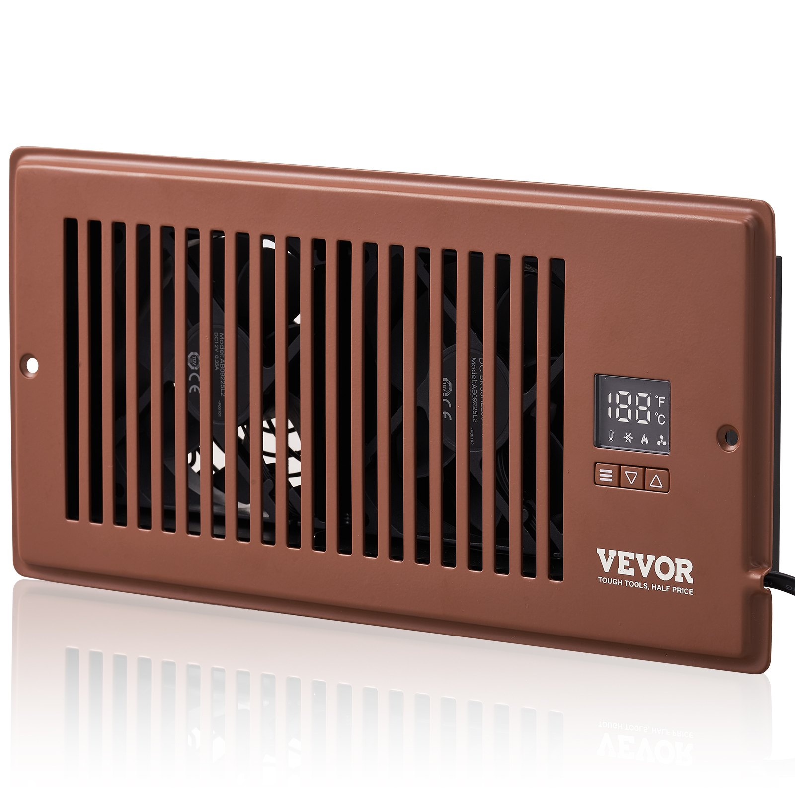 Start2Finish VEVOR Register Booster Fan in brown with remote and thermostat, adjustable speed for heating and cooling, fits 4x10 inch vents.