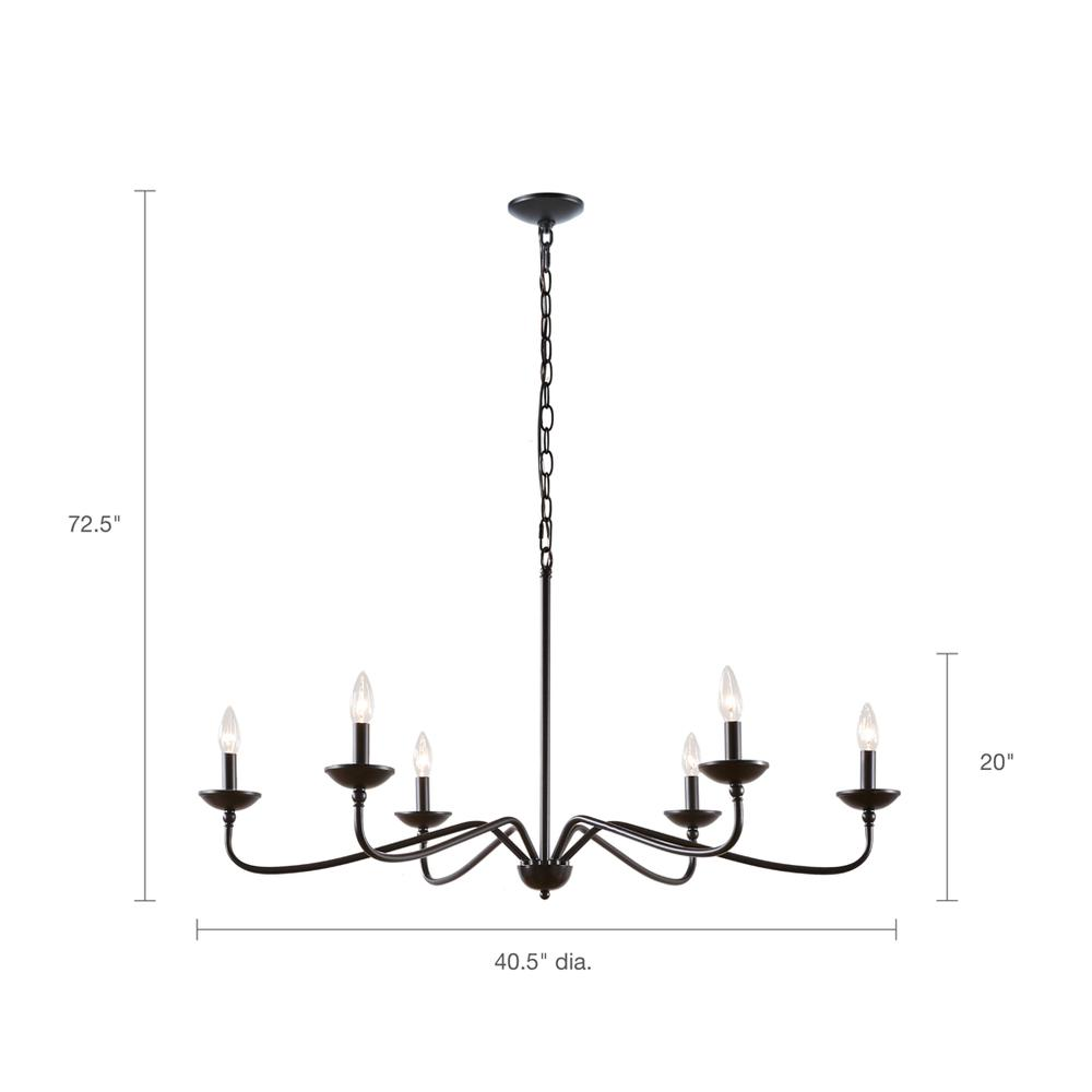 Start2Finish 6-light farmhouse metal chandelier with rustic design and black finish, hanging with exposed bulbs and chain.