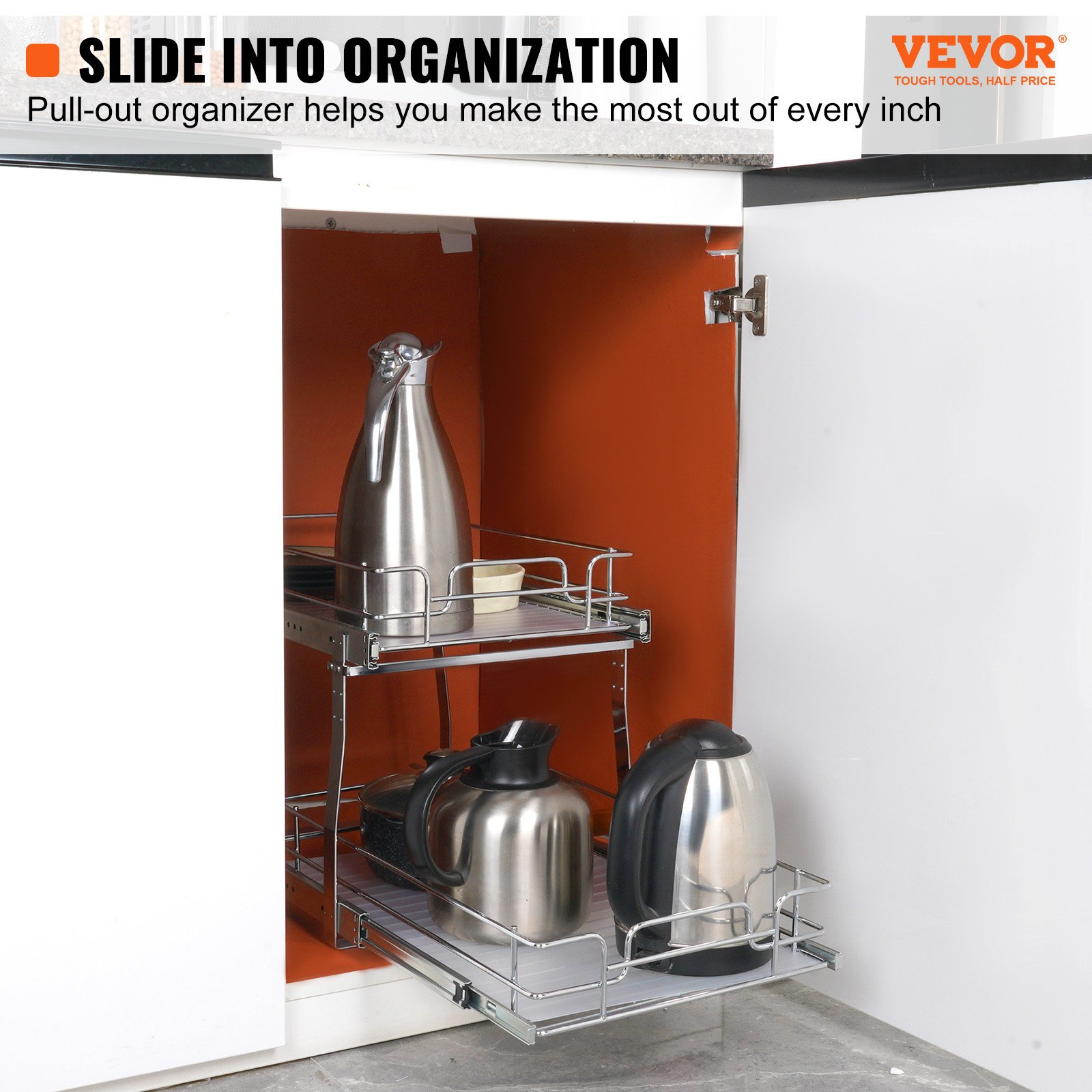 Start2Finish VEVOR 2-tier pull-out cabinet organizer with steel slide-out shelves for pantry storage.