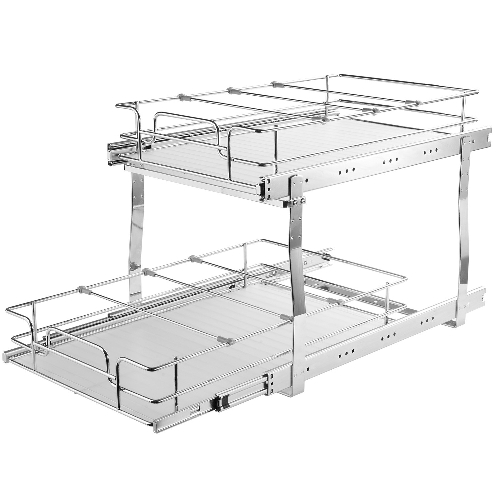Start2Finish VEVOR 2-tier pull-out cabinet organizer with steel slide-out shelves for pantry storage in a home kitchen.