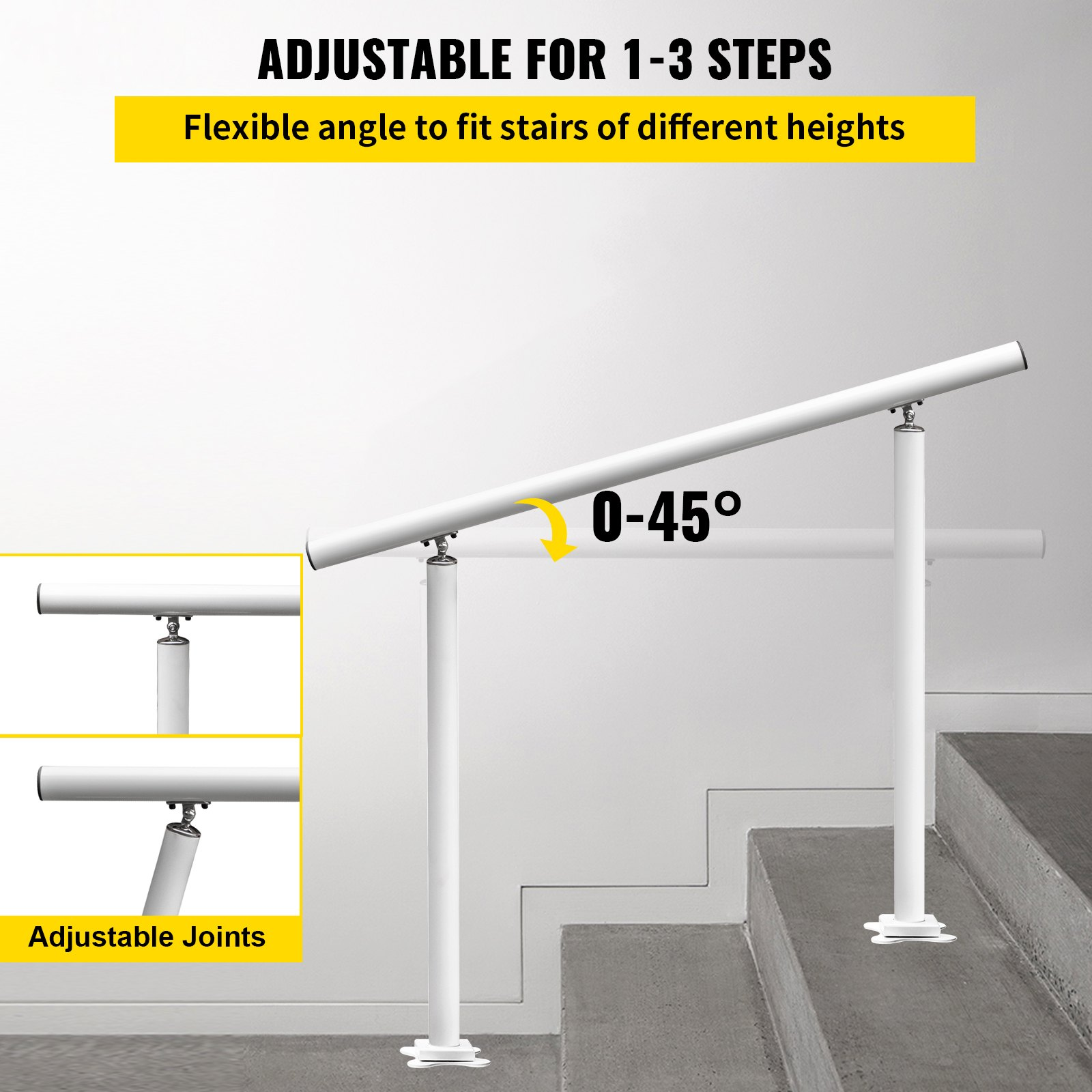 Start2Finish VEVOR outdoor stair railing kit with white aluminum handrail for 2-3 steps, adjustable angle, ideal for elderly outdoor stairs.