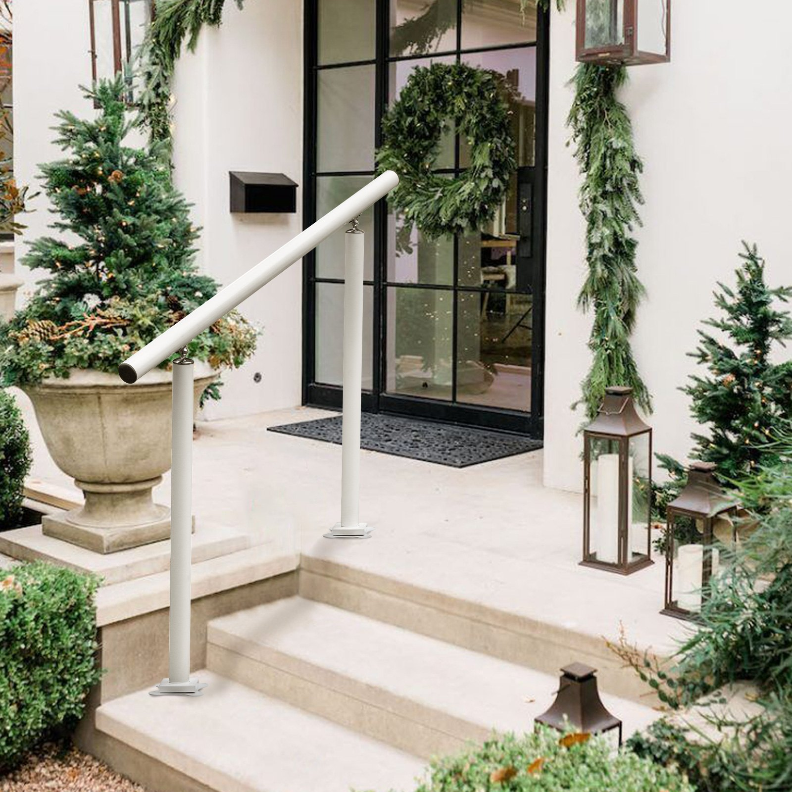 White aluminum outdoor stair railing kit with 3 ft handrails, adjustable angle for 2-3 step stairs, ideal for elderly safety.