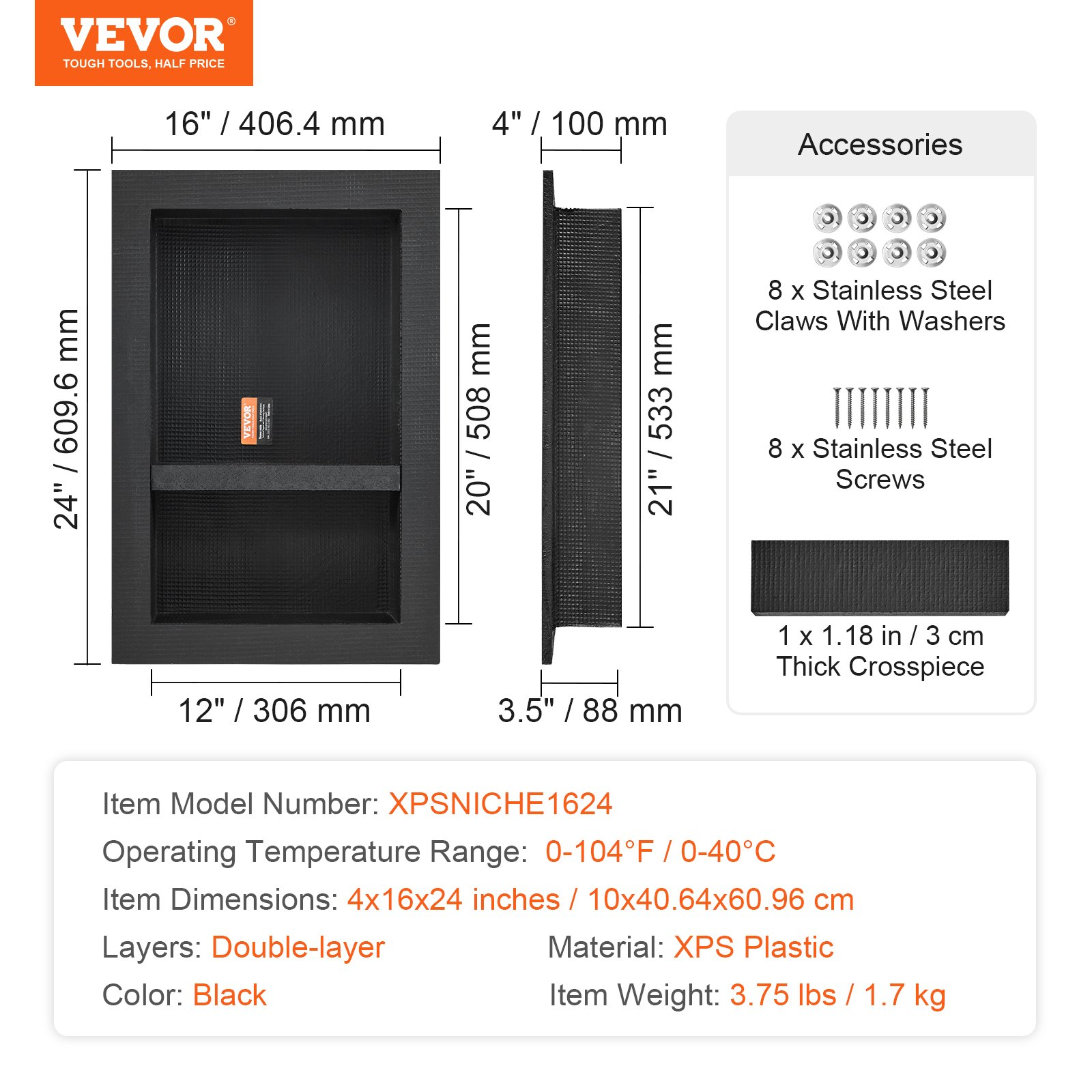 Black VEVOR shower niche with double shelves, square corners, wall-inserted design, modern soap storage for bathroom showers.