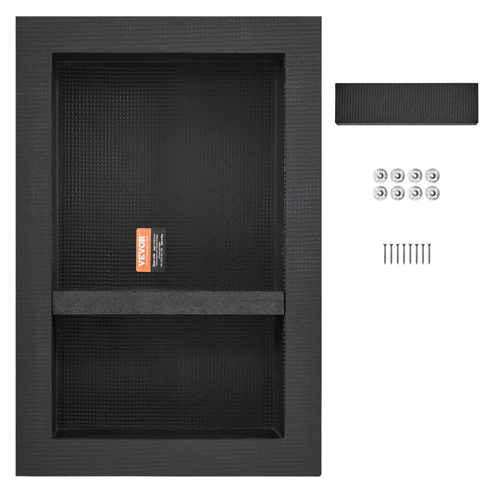 Black VEVOR shower niche with double shelves, recessed wall-inserted design, modern square corners, suitable for bathroom soap storage.
