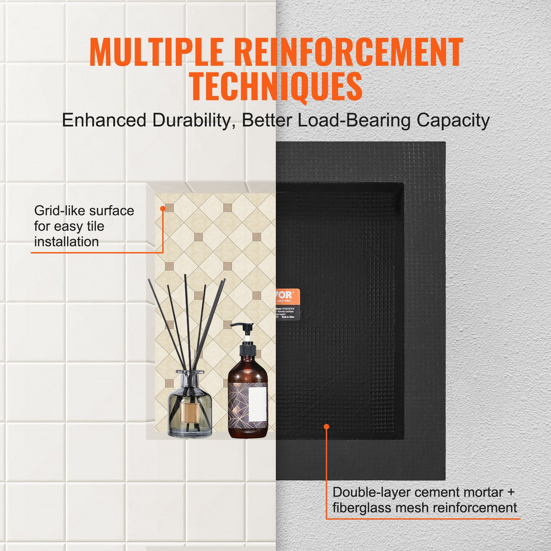 Black VEVOR shower niche with single shelf, square corners, wall-inserted design, ideal for modern bathroom soap and accessories.