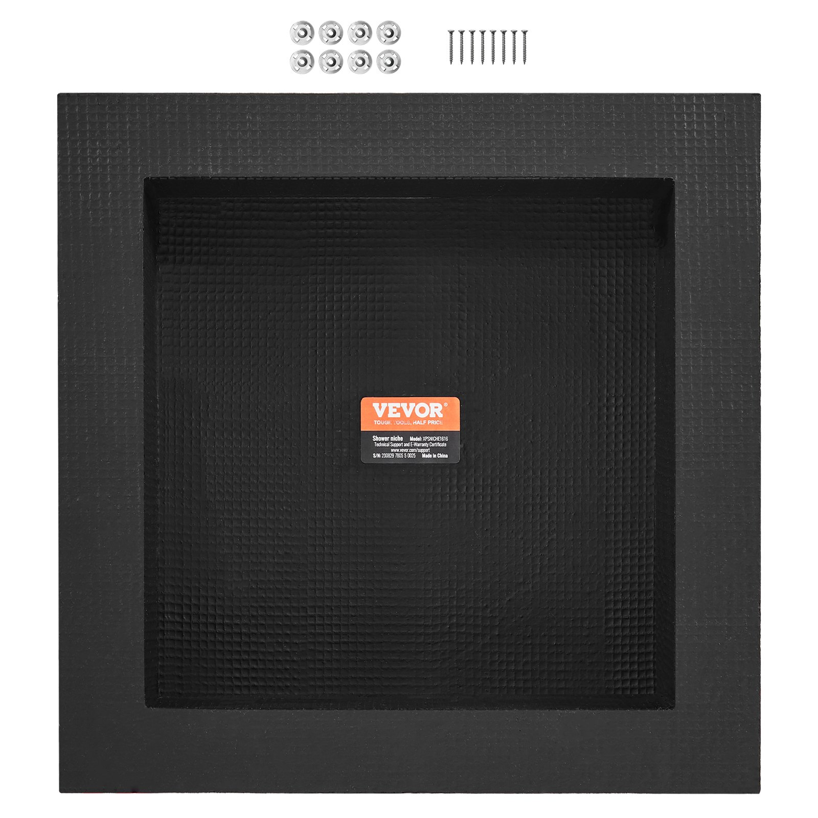 Square black VEVOR shower niche with single shelf for soap and toiletries, recessed wall-inserted bath storage with sealed edges.
