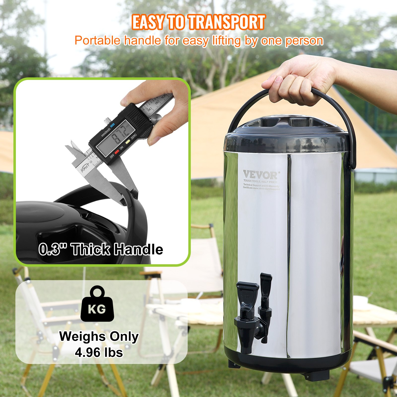 Start2Finish VEVOR stainless steel insulated beverage dispenser with spigot, 2.4 gallons, perfect for hot or cold drinks.