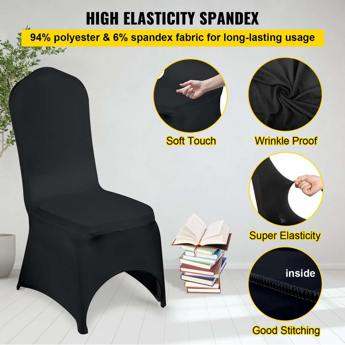 Black VEVOR Stretch Spandex folding chair covers by Start2Finish, fitted arched front, washable, for weddings, parties, and events.