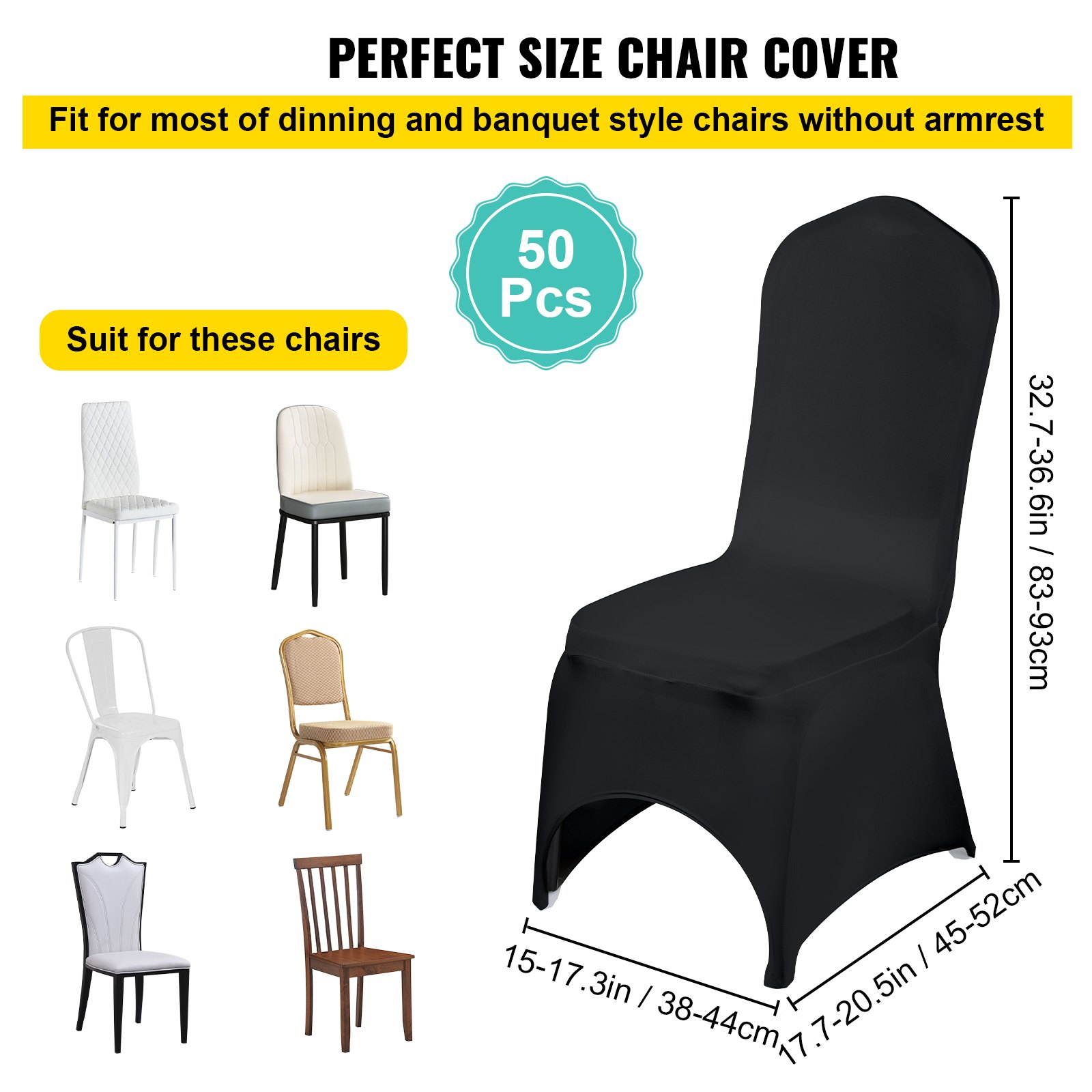 Black VEVOR stretch spandex folding chair covers with arched front design, shown on event chairs for weddings or parties.