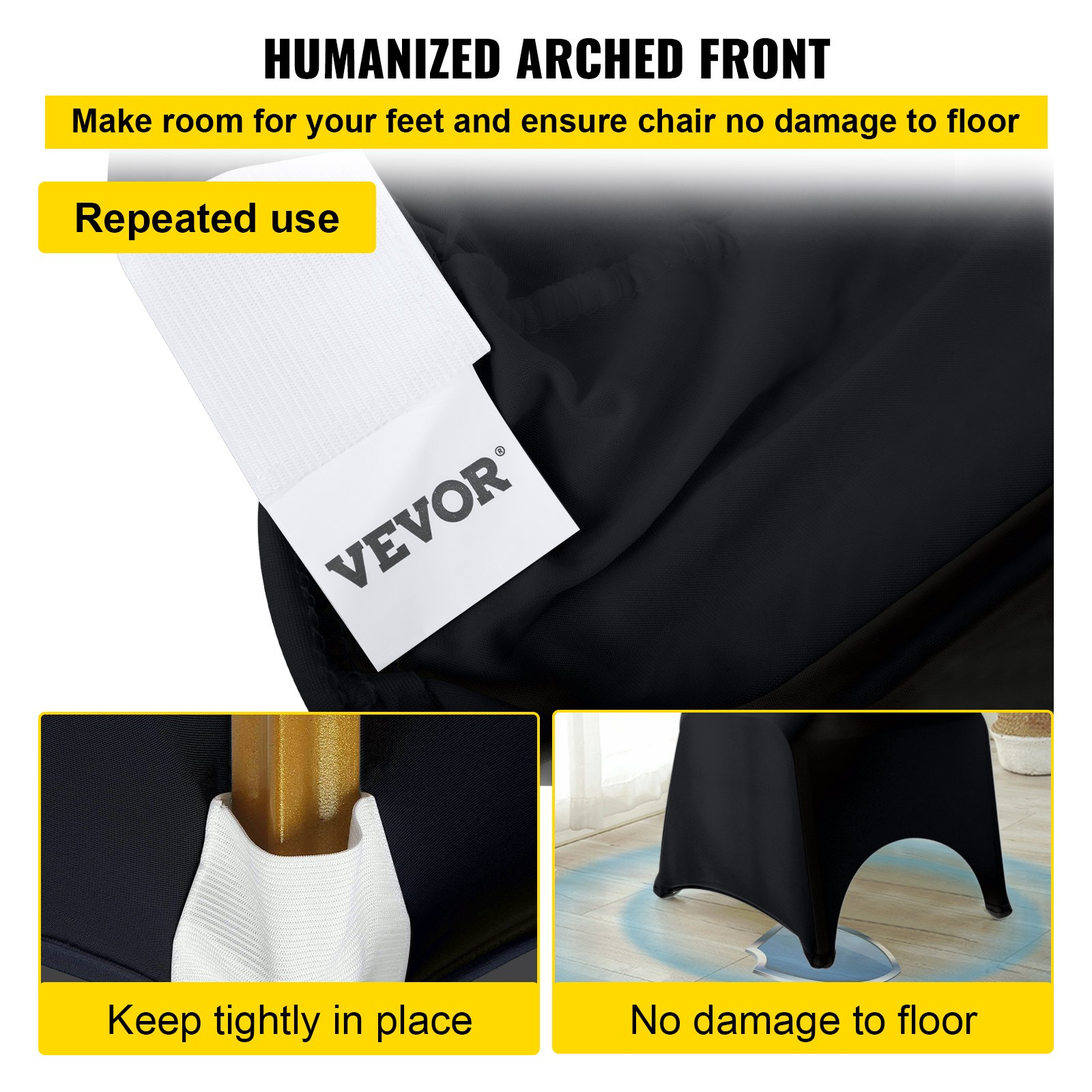 Black VEVOR stretch spandex folding chair covers with arched front, washable and fitted for wedding, event, or celebration seating.