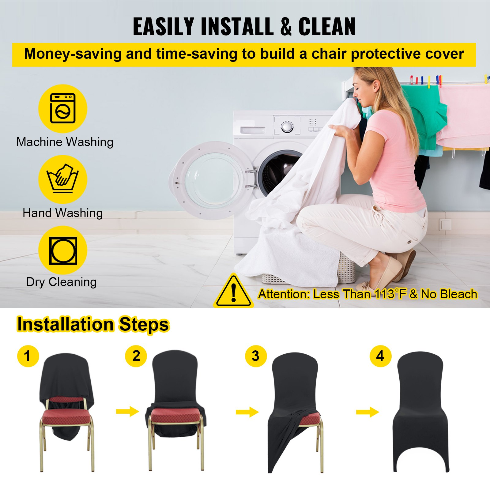 Set of 50 black VEVOR stretch spandex folding chair covers with fitted arched front, washable protection for events and celebrations.