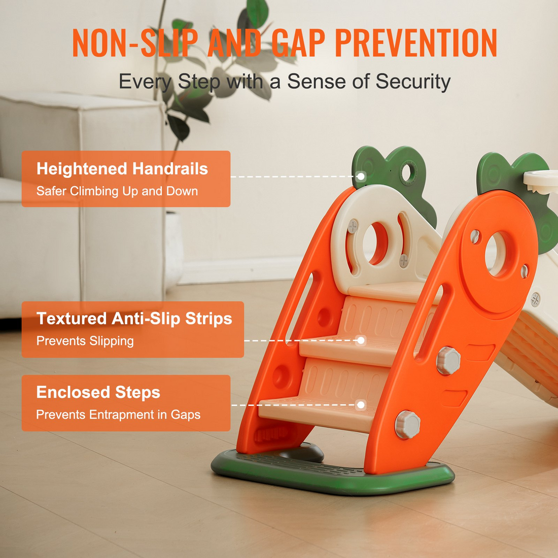 Start2Finish toddler slide with climbable ladders, basketball hoop, raised handrail, and anti-slip strip for indoor and outdoor play.