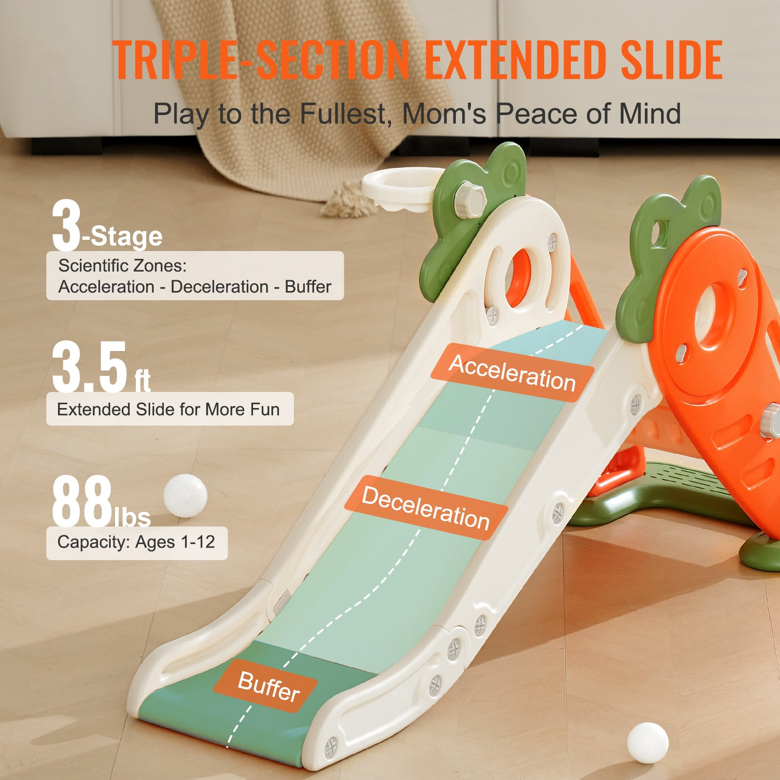 Start2Finish toddler slide with climbable ladders, basketball hoop, raised handrails, and anti-slip strips for indoor or outdoor play.