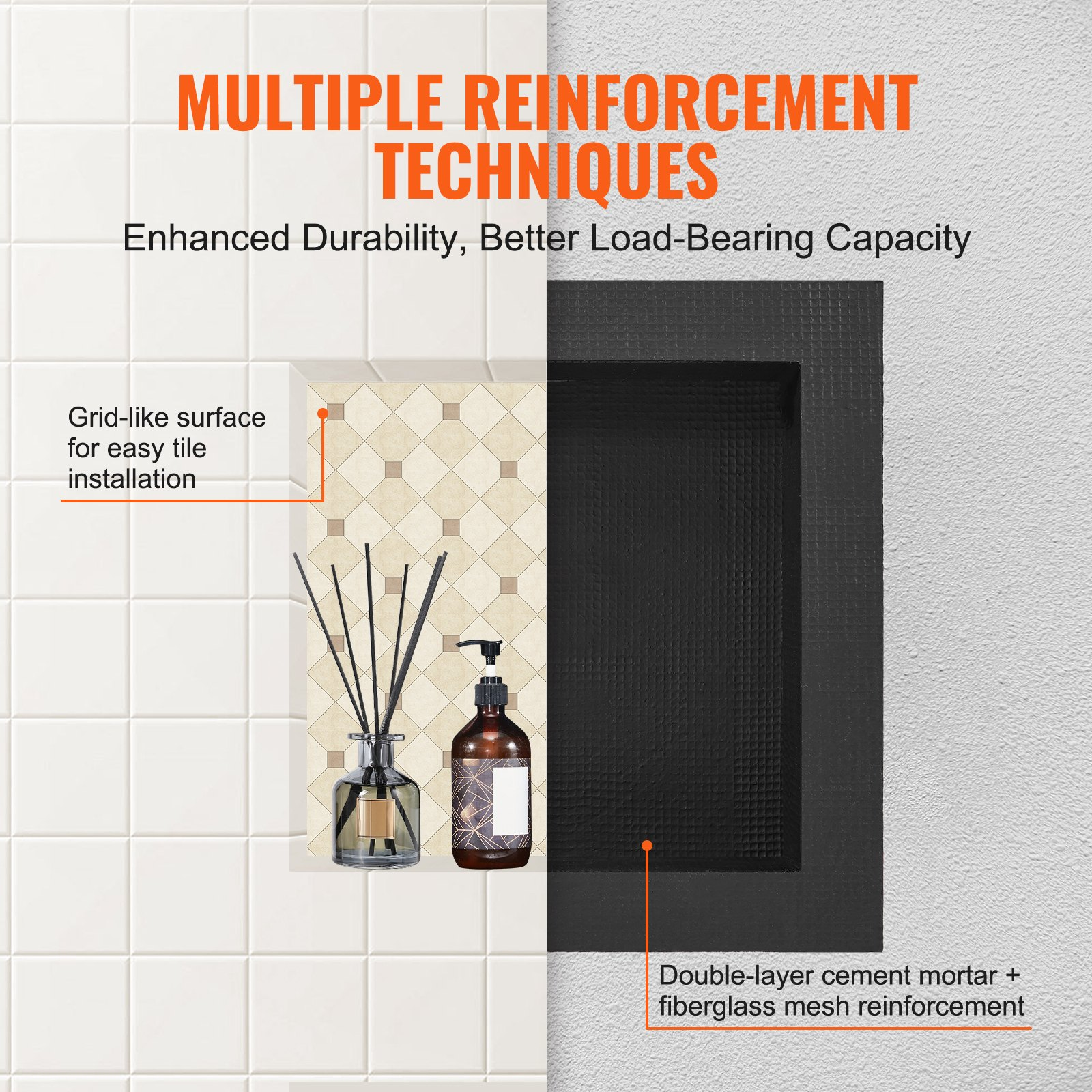 Black VEVOR shower niche with single shelf, square corners, wall-inserted design, modern soap storage for bathroom.