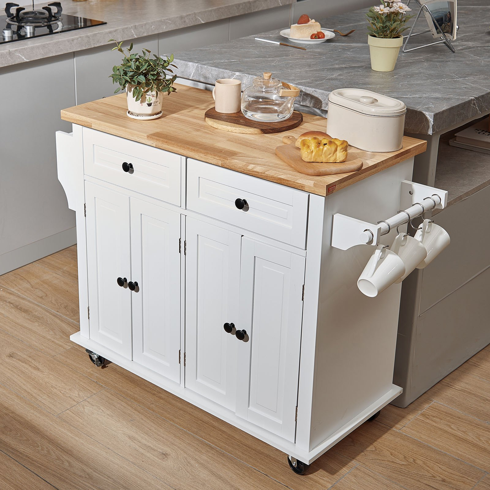 Start2Finish VEVOR kitchen island cart with solid wood top, storage cabinet, spice rack, towel rack, drawer, on wheels in white