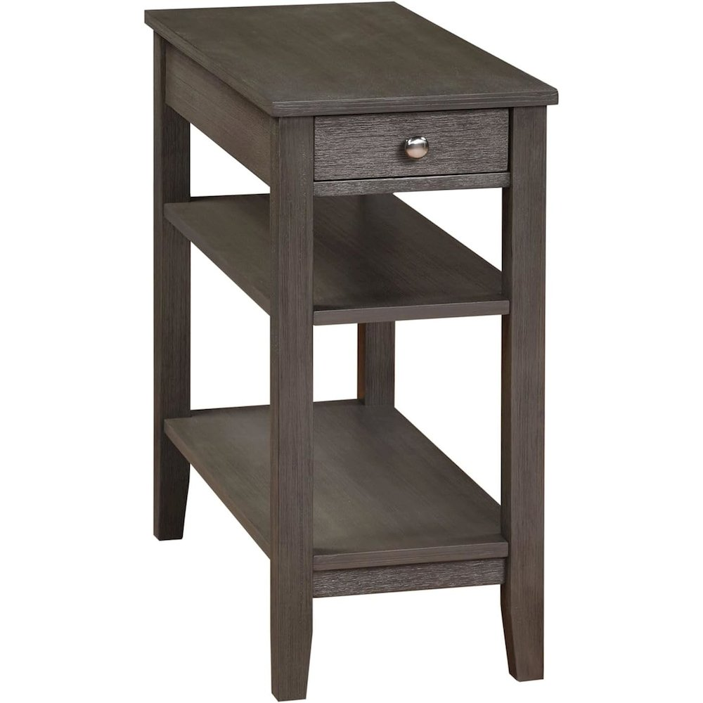 Start2Finish American Heritage chairside end table with one drawer, charging station, and open shelves, made of wood and metal.