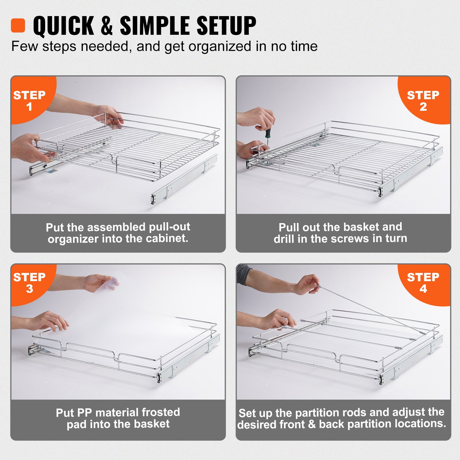 Start2Finish VEVOR 21.5-inch steel pull-out cabinet organizer with slide-out shelves and drawers for kitchen storage.