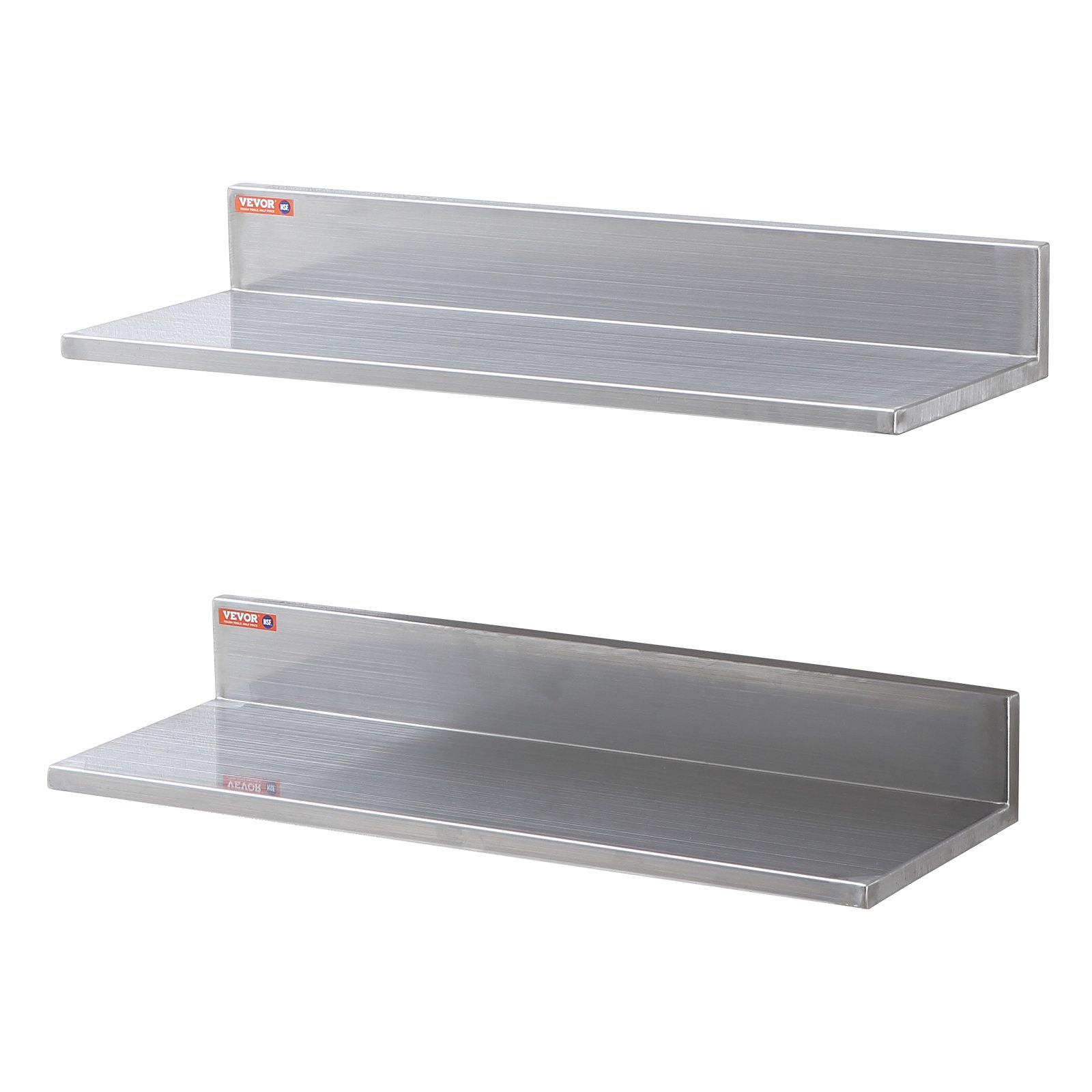 Start2Finish stainless steel wall-mounted floating shelves, 8.6 x 24 inches, with backsplash, heavy-duty storage for kitchen or restaurant.