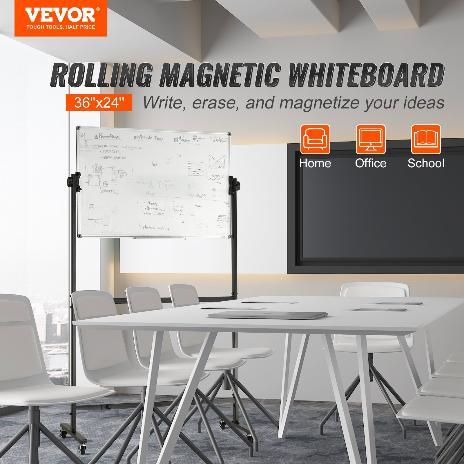 Start2Finish VEVOR rolling magnetic whiteboard, double-sided 36x24-inch dry erase board with adjustable height, markers, and tray.