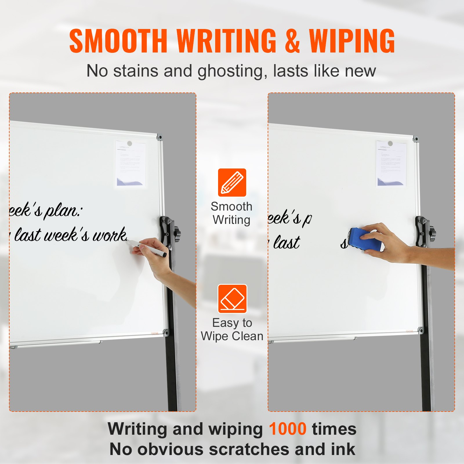 Start2Finish VEVOR double-sided magnetic whiteboard with adjustable height, wheels, dry erase surface, markers, and movable tray.
