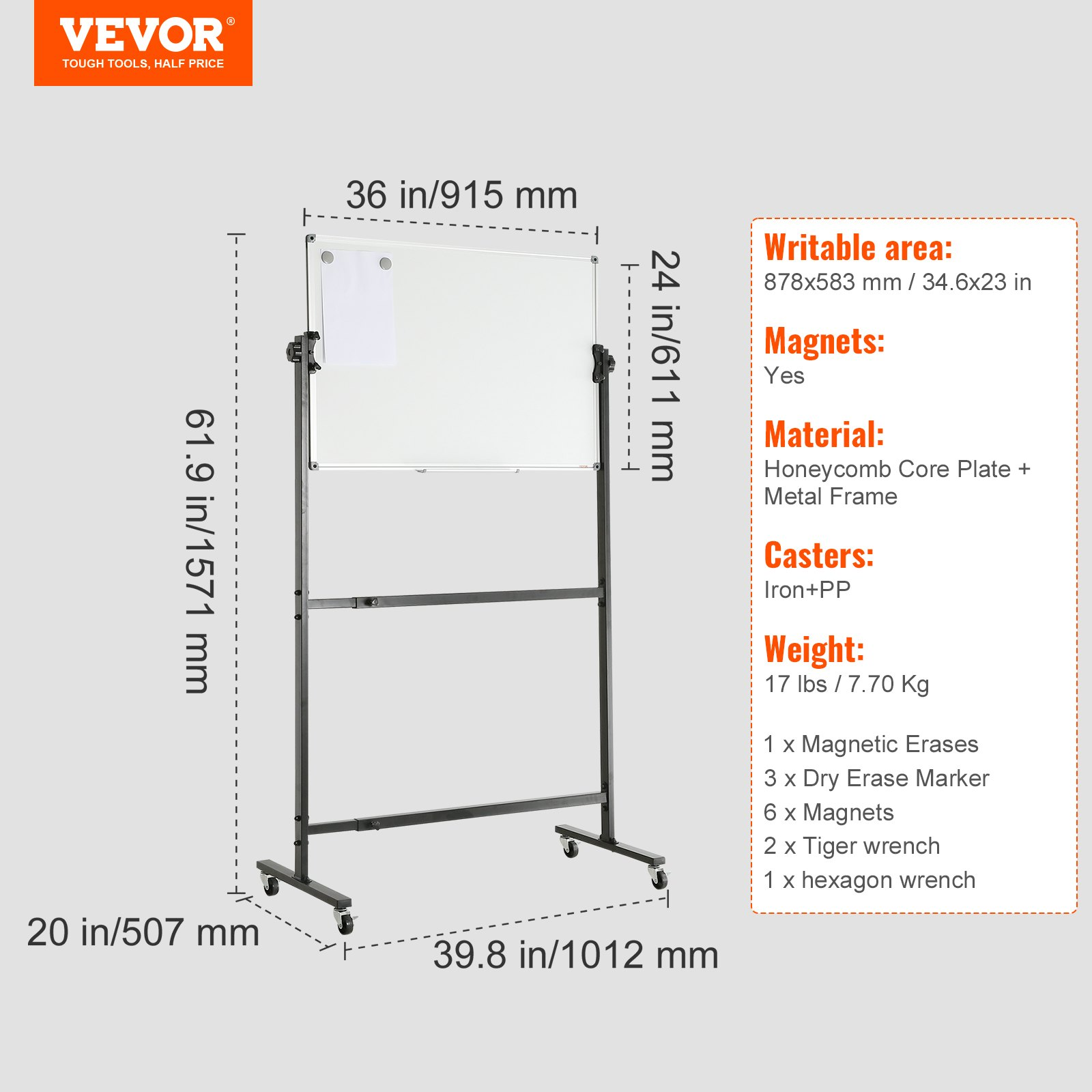 Start2Finish VEVOR rolling magnetic whiteboard, double-sided 36x24-inch dry erase board with adjustable height and movable tray.