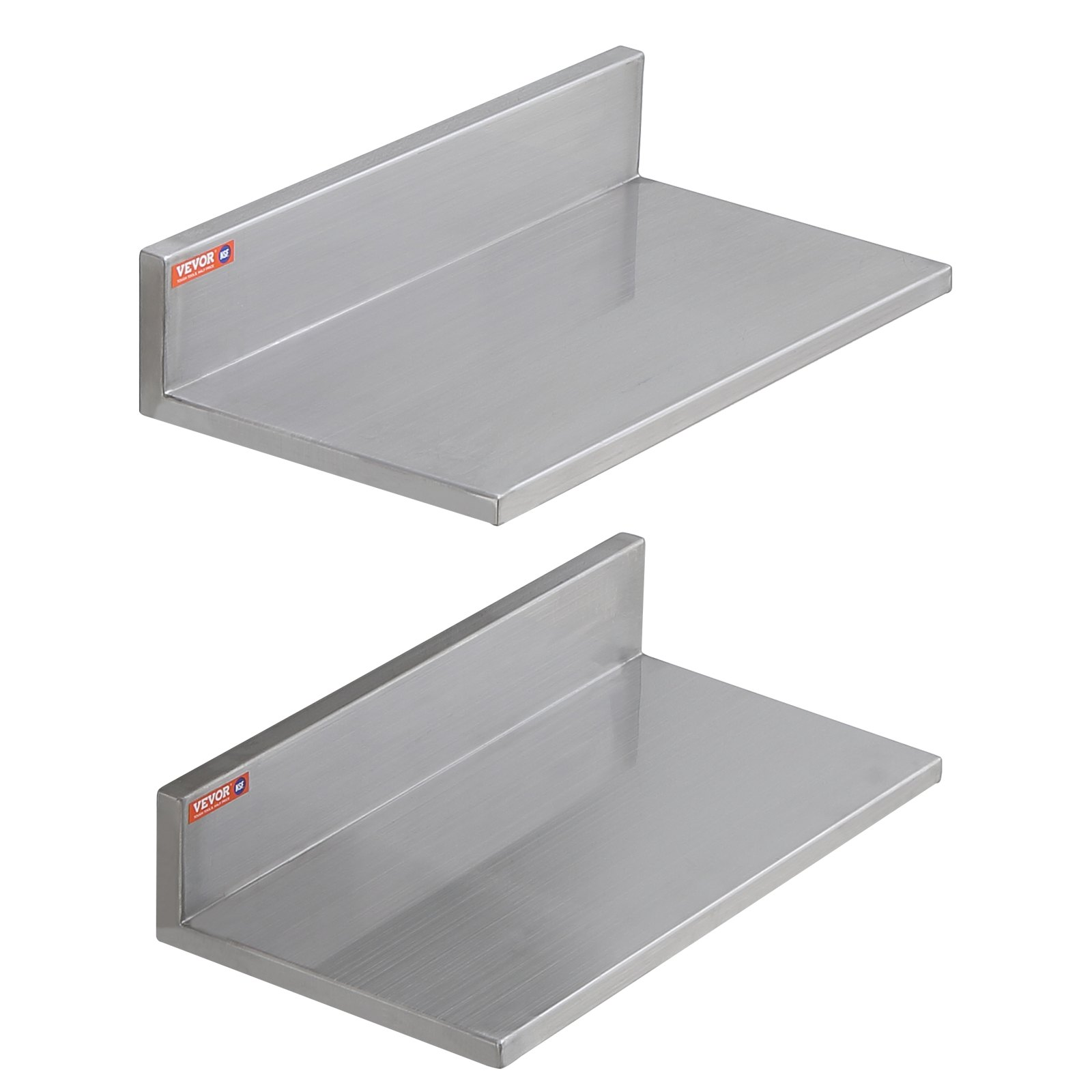 Start2Finish stainless steel wall-mounted floating shelves, 8.6 x 16 inches, with backsplash and 44 lbs load capacity for kitchen or restaurant use.