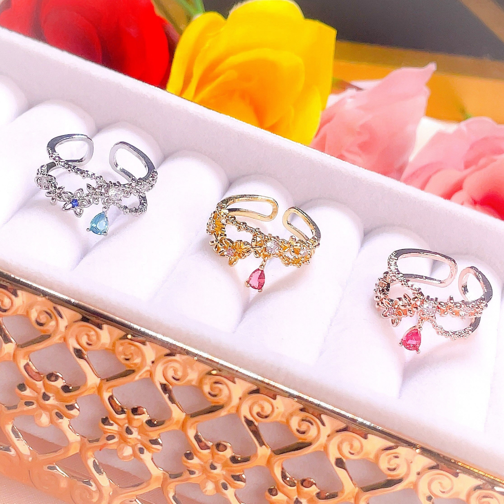Start2Finish Sweet Garden Floral Teardrop Ring featuring intricate floral jewelry design in silver with gemstone accents.