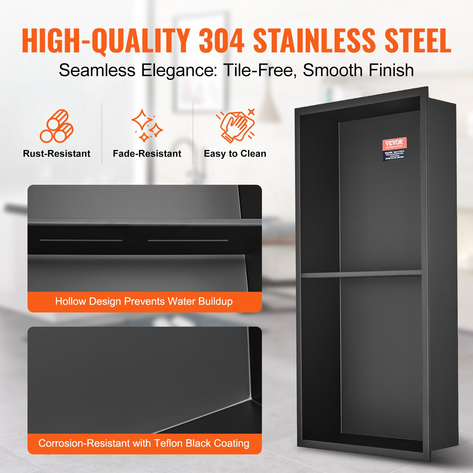 Start2Finish VEVOR 13x25-inch stainless steel shower niche with double shelves, waterproof, rust-resistant, modern wall-insert for bathroom storage