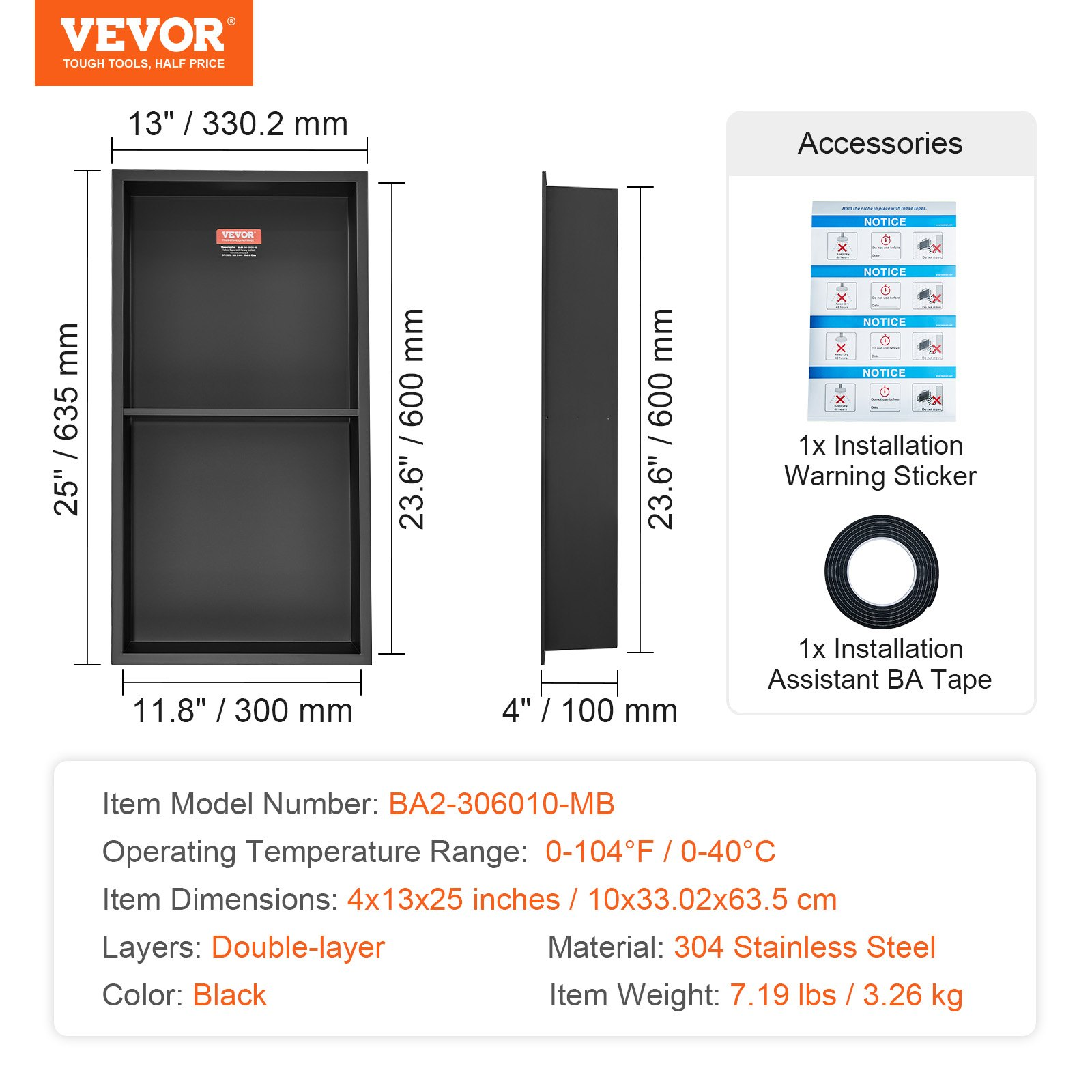 Start2Finish VEVOR 13x25 stainless steel shower niche with double shelves, waterproof, rust-resistant, wall-inserted for bathroom storage.
