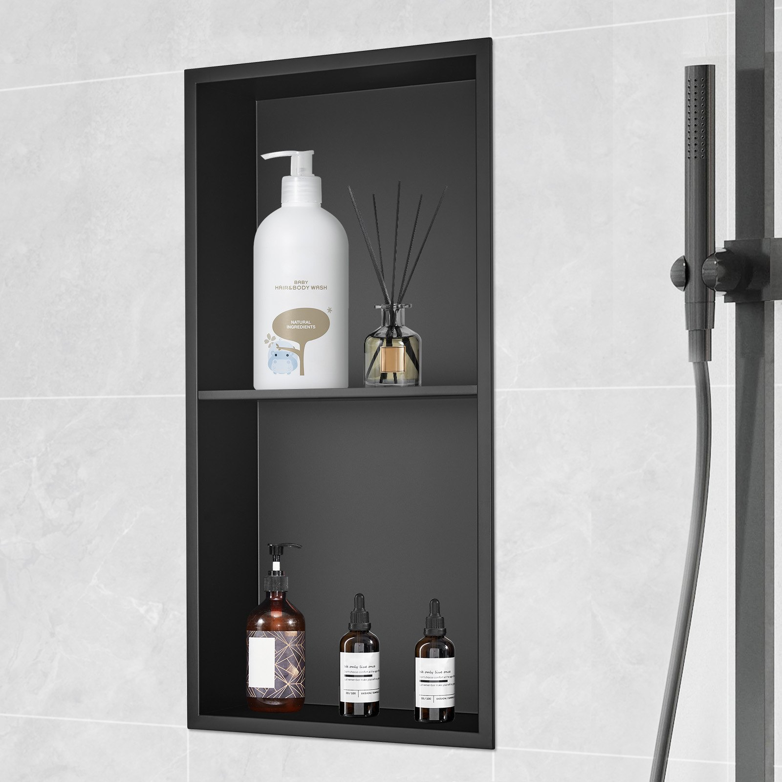 Start2Finish VEVOR 13x25-inch stainless steel shower niche with recessed double shelves, waterproof, rust-resistant bathroom storage.