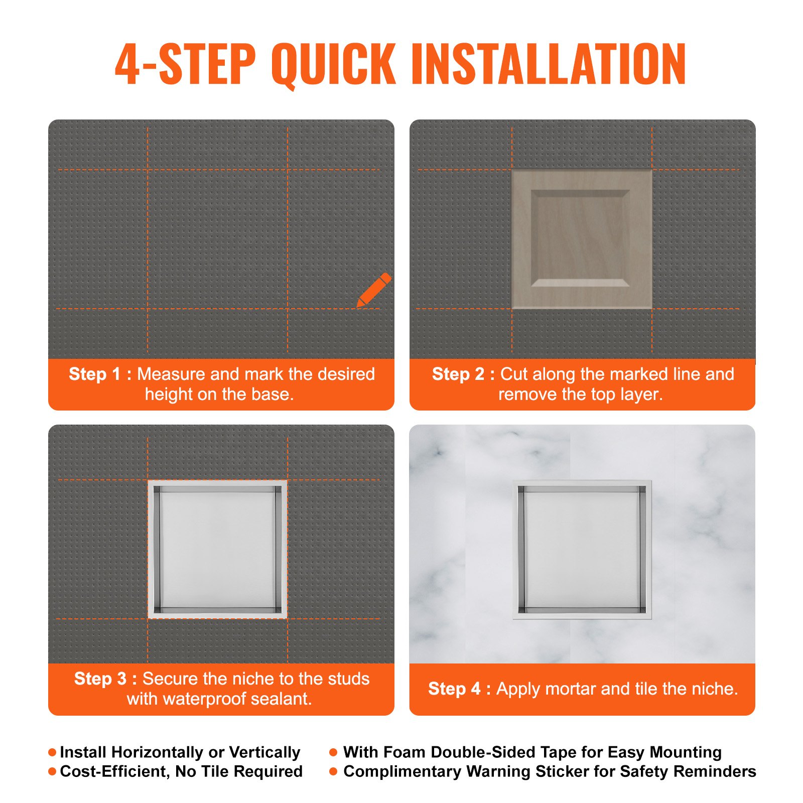Stainless steel VEVOR 13x13 inch recessed shower niche with double shelves, waterproof and rust-resistant for bathroom soap storage.