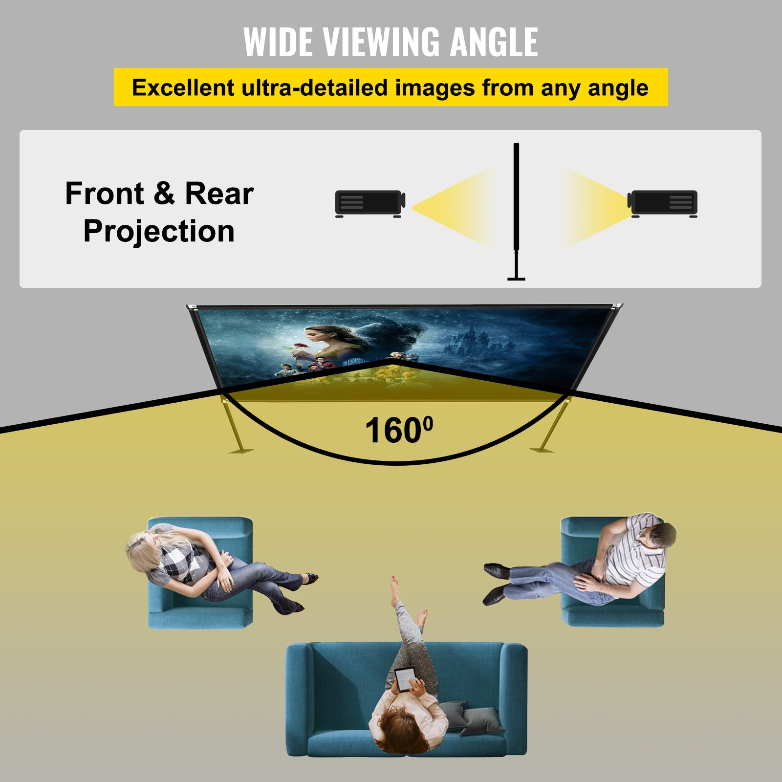 Start2Finish 150-inch portable projector screen with stand, 16:9 aspect, 4K HD, outdoor and indoor use, includes storage bag