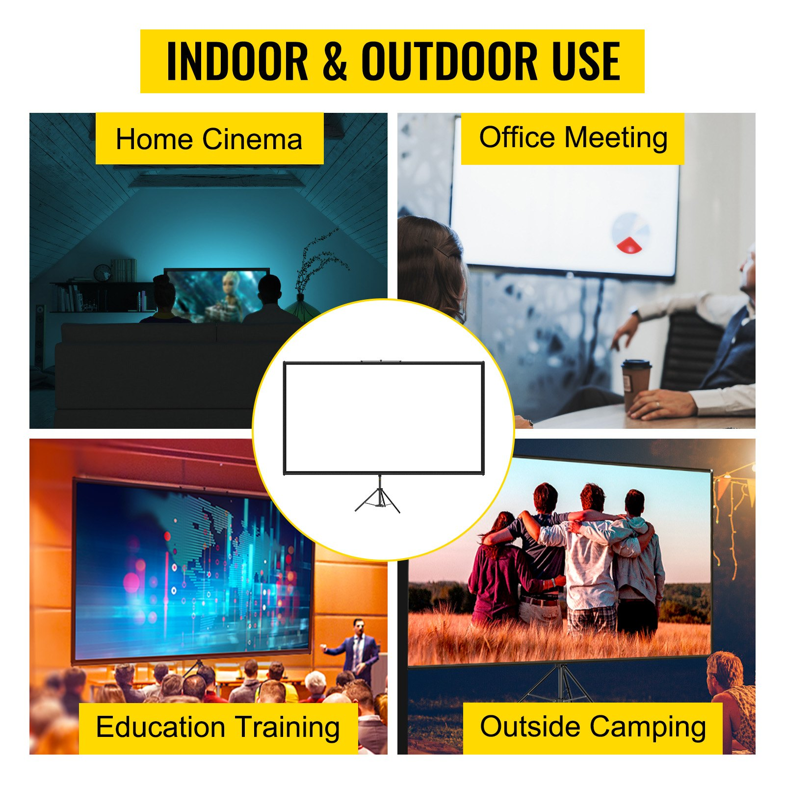 Start2Finish VEVOR 80-inch 16:9 portable projector screen with stand, wrinkle-free, height adjustable for indoor and outdoor use.