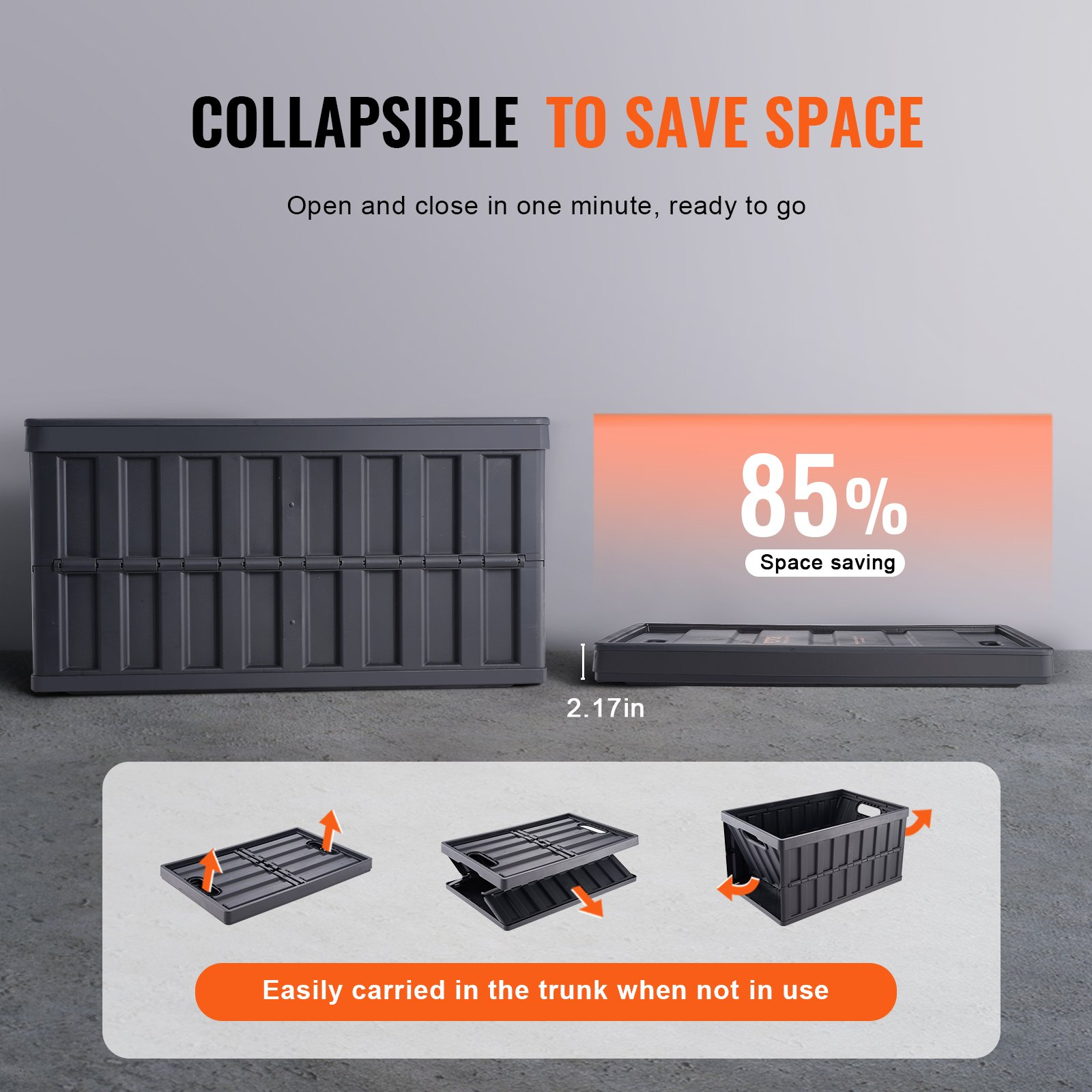 Start2Finish VEVOR collapsible storage bins with lids, large 65L plastic crates for organizing clothes, toys, shoes, and groceries.