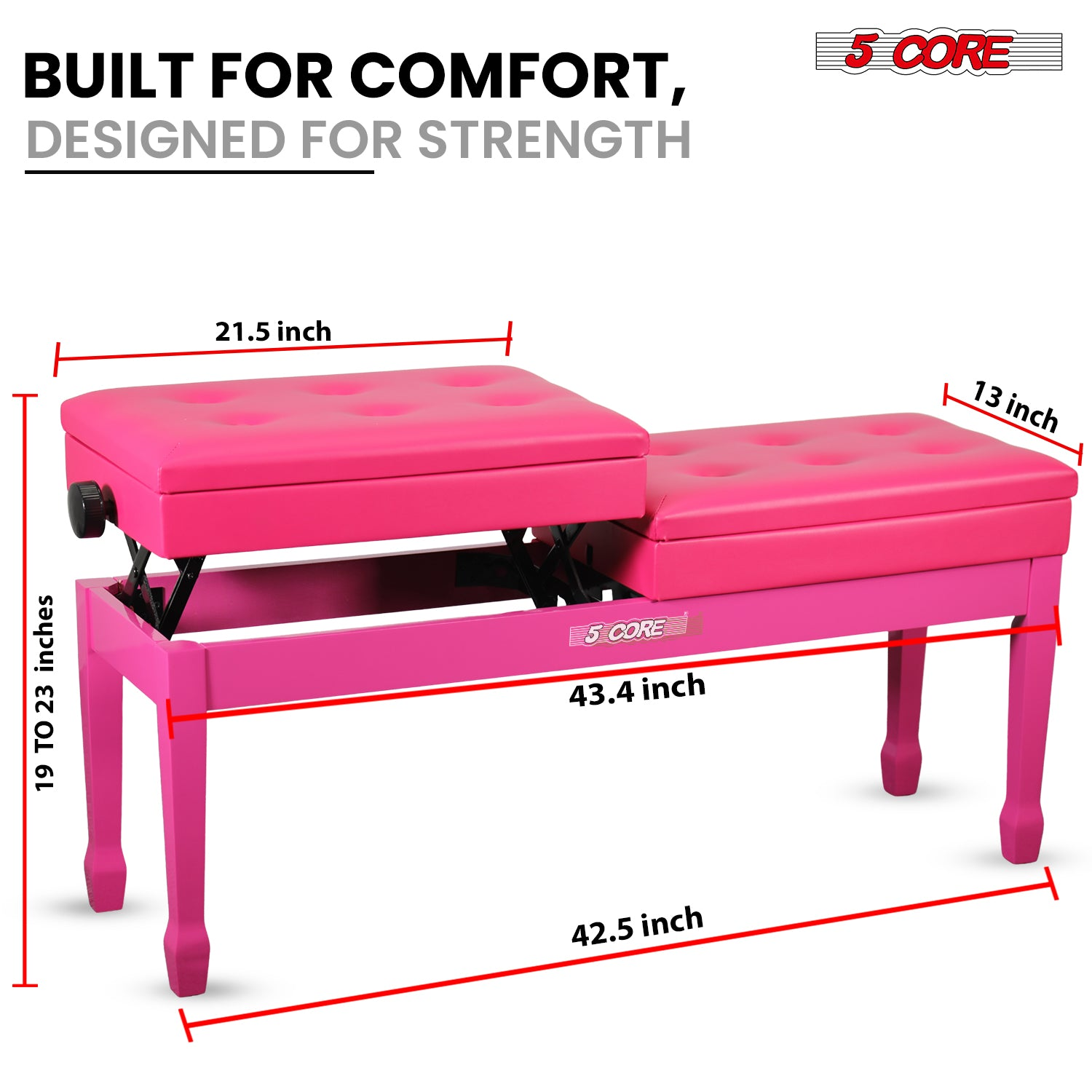 Start2Finish 5 Core Duet Piano Bench with padded cushion, wooden frame, and storage compartment for musical instruments.