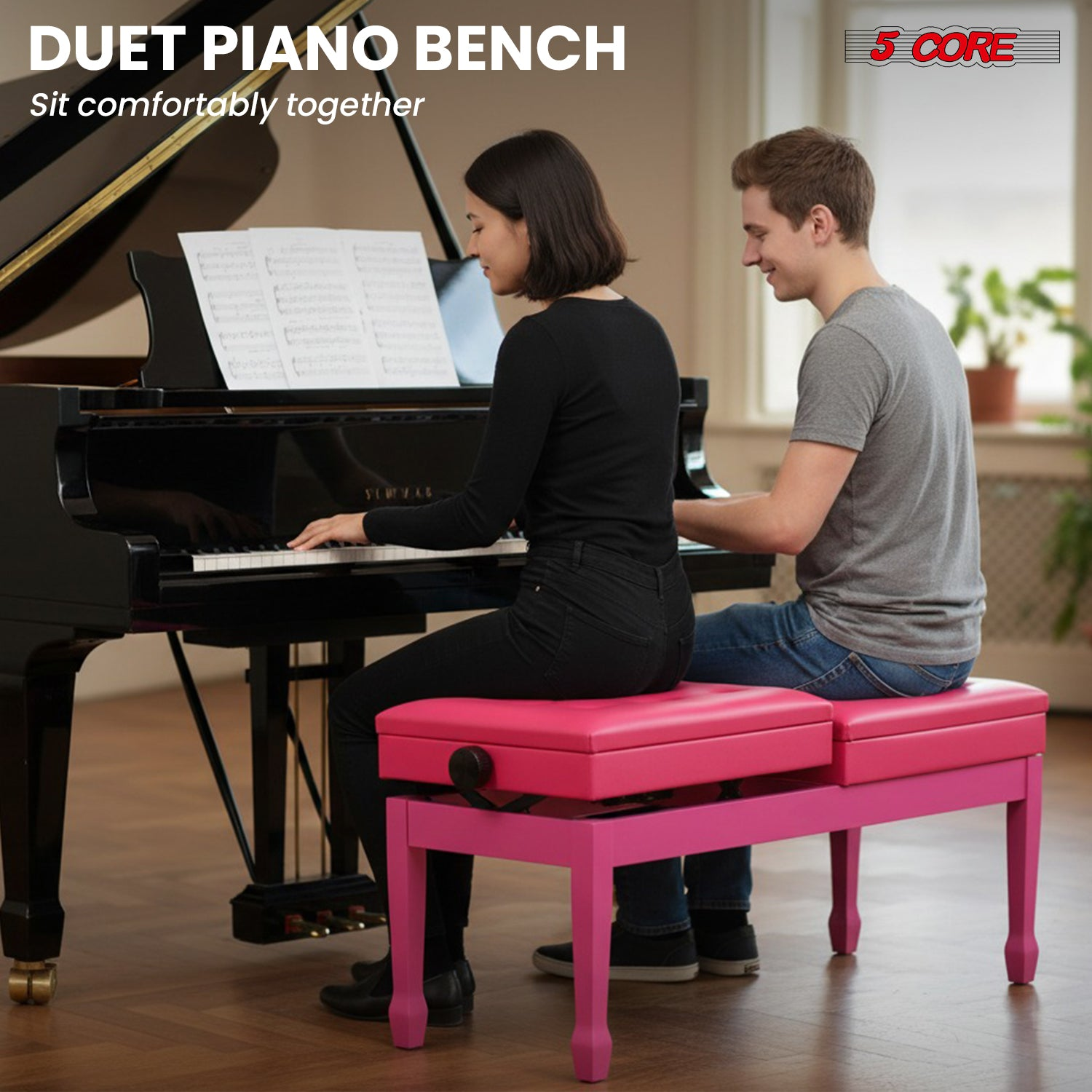 Start2Finish 5 Core Duet Piano Bench with padded cushion, wooden frame, and storage compartment, designed for musicians and music students.