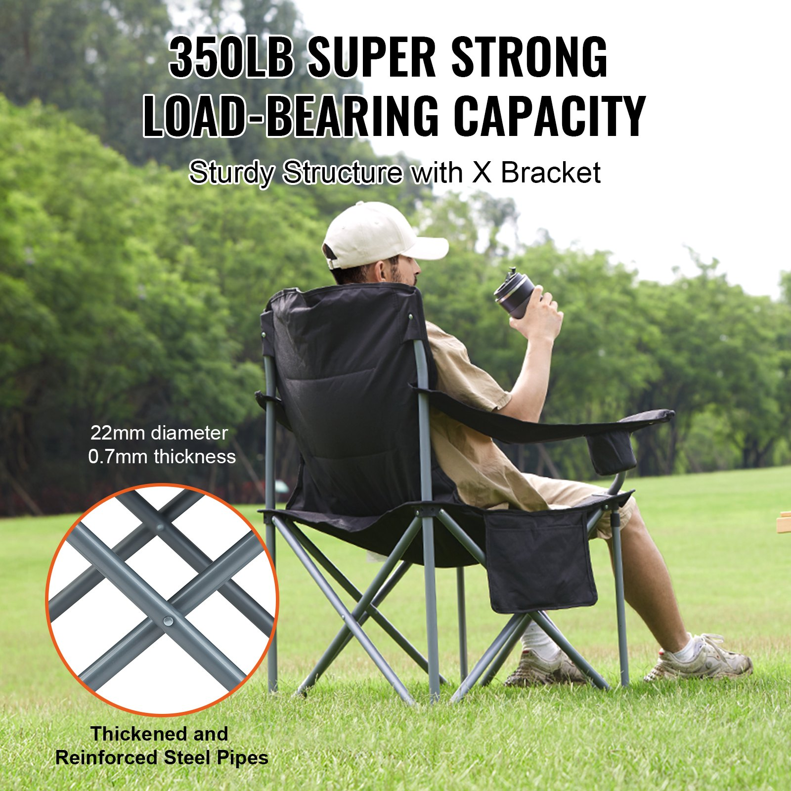 Start2Finish VEVOR outdoor camping folding chair with lumbar support, padded arms, side pockets, cup holder, and cooler bag in black.